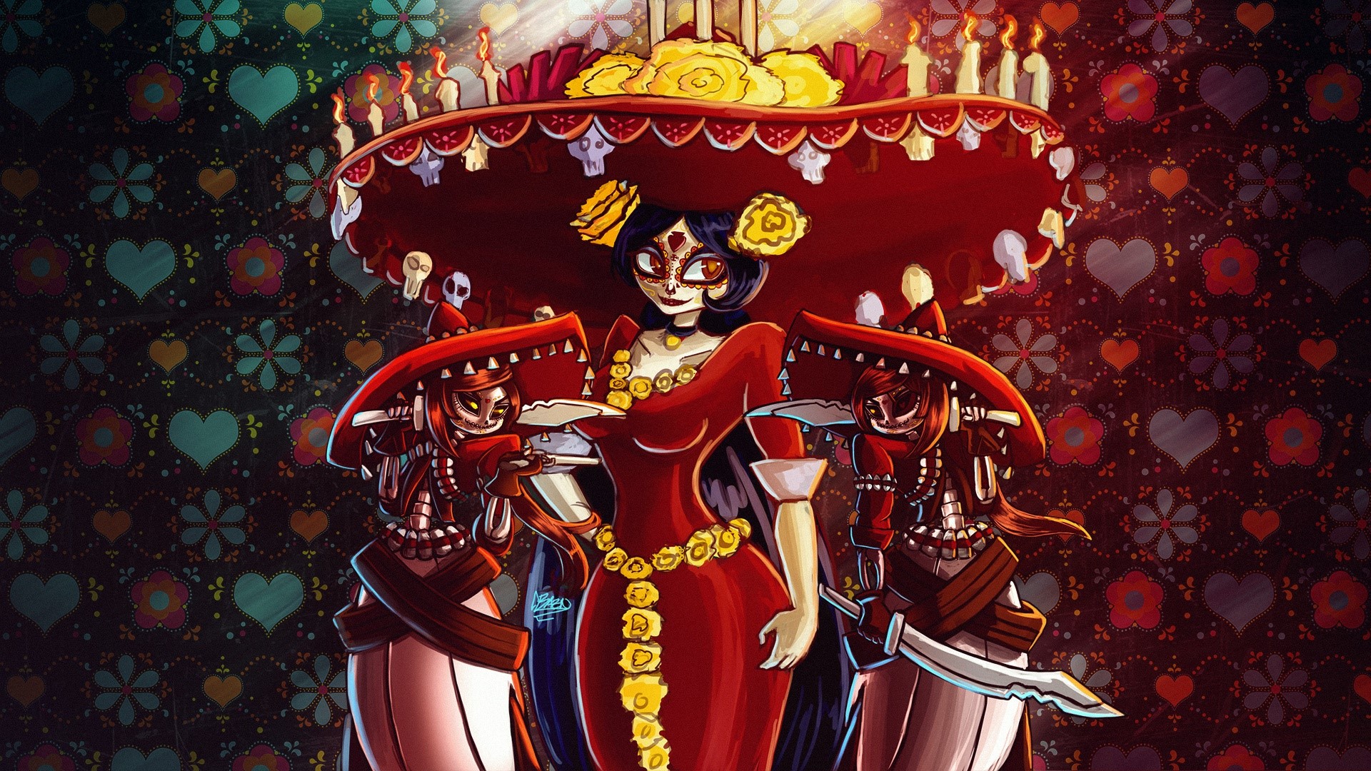 artwork, women, Dia de los Muertos, sombrero, red dress, HD Wallpaper