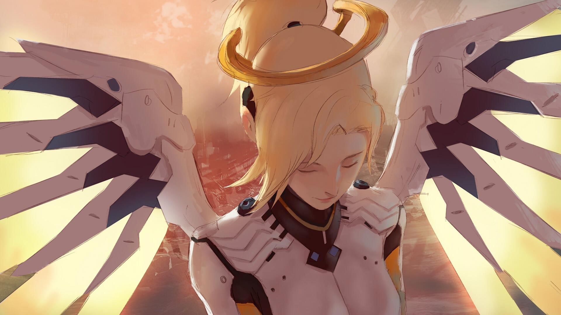 Mercy (Overwatch), Overwatch, wings, angel wings, closed eyes, high angle, HD Wallpaper