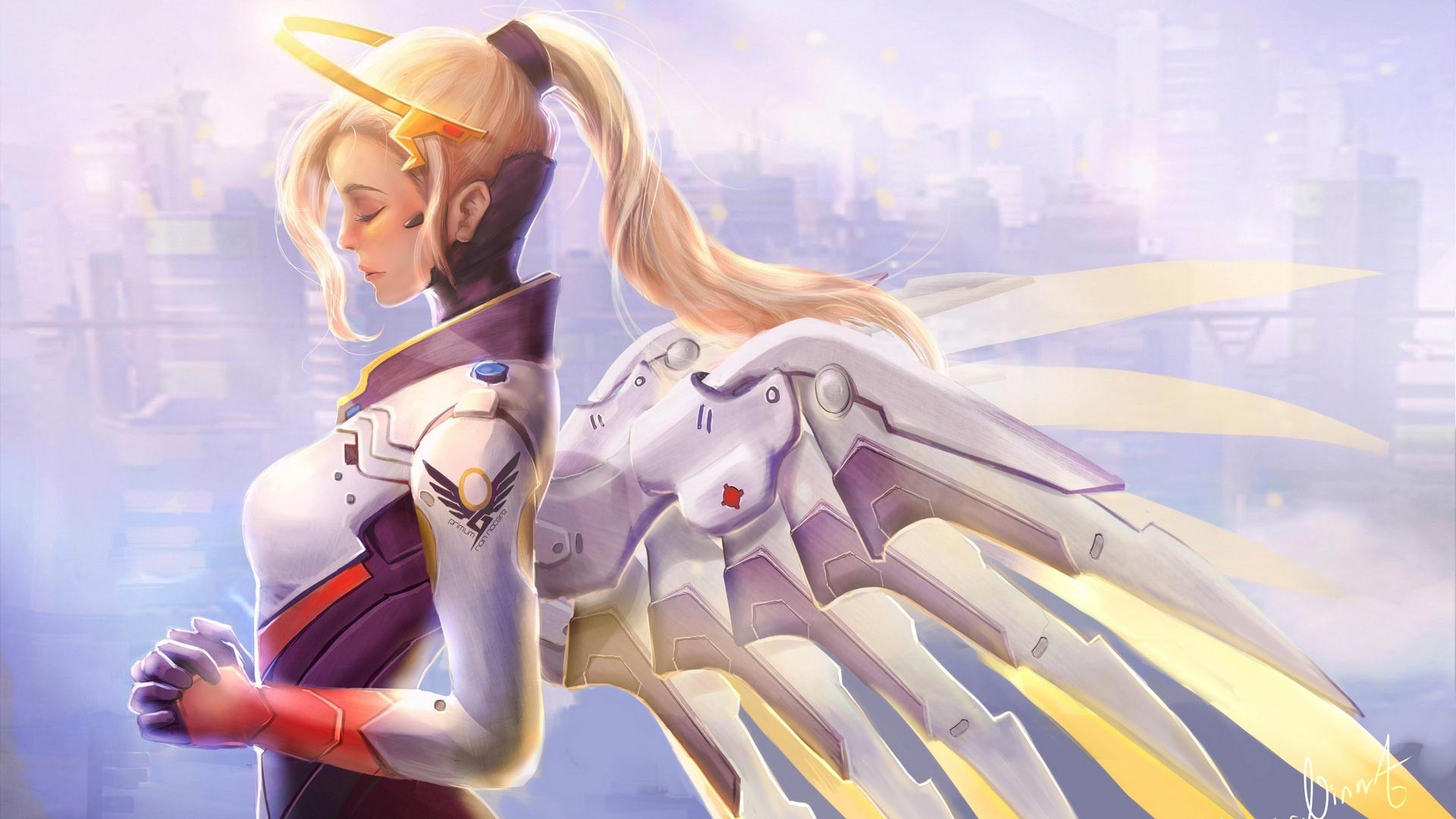 Mercy (Overwatch), Overwatch, wings, angel wings, closed eyes, city, HD Wallpaper