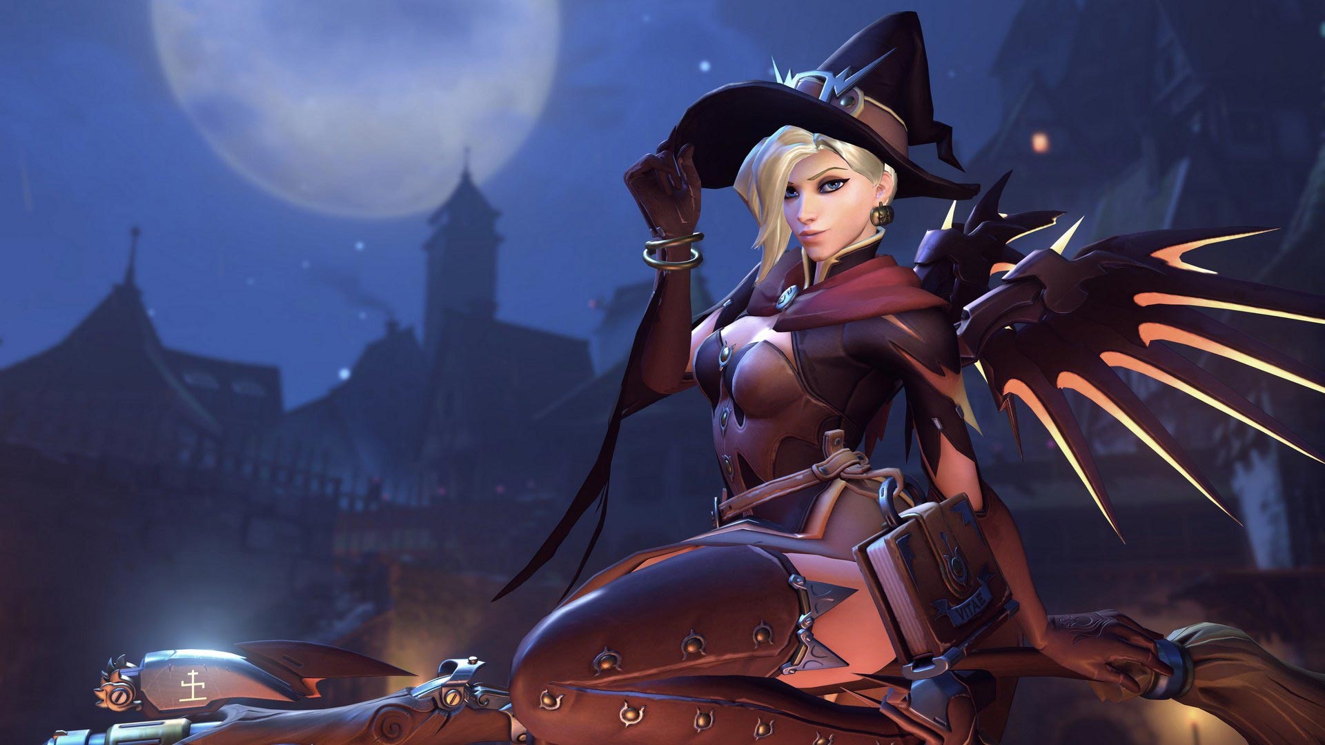 Mercy (Overwatch), Overwatch, wings, angel wings, Witch Mercy, city, Moon, HD Wallpaper