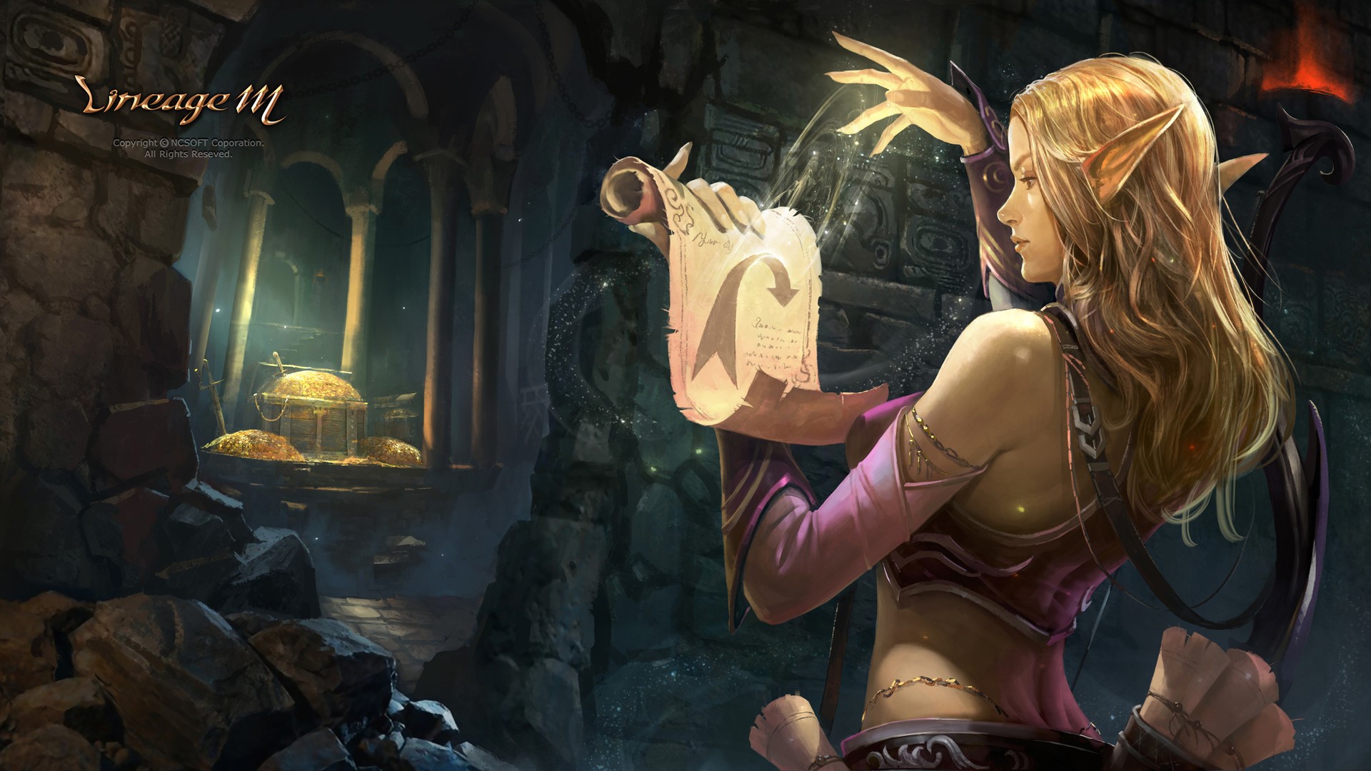 Kim Sung Hwan, drawing, women, elves, long hair, wavy hair, spell, jewelry, scrolls, treasure, gold, Lineage, HD Wallpaper