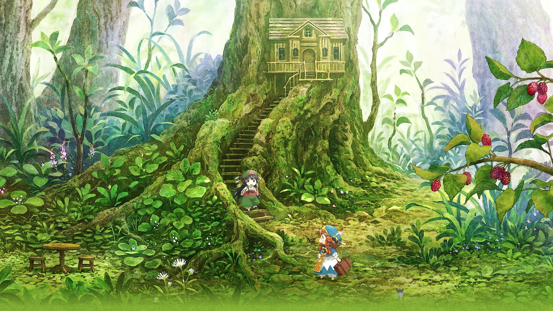 Hakumei to Mikochi, tree house, forest, trees, roots, plants, flowers, HD Wallpaper
