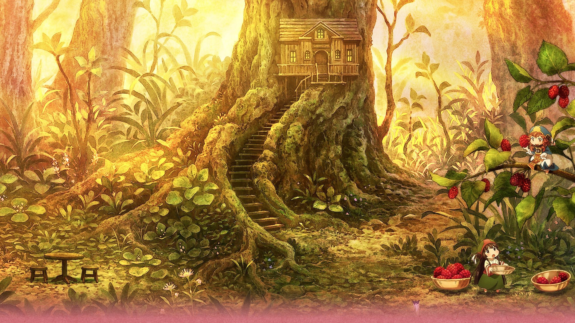 Hakumei to Mikochi, tree house, forest, trees, roots, plants, flowers, evening, HD Wallpaper