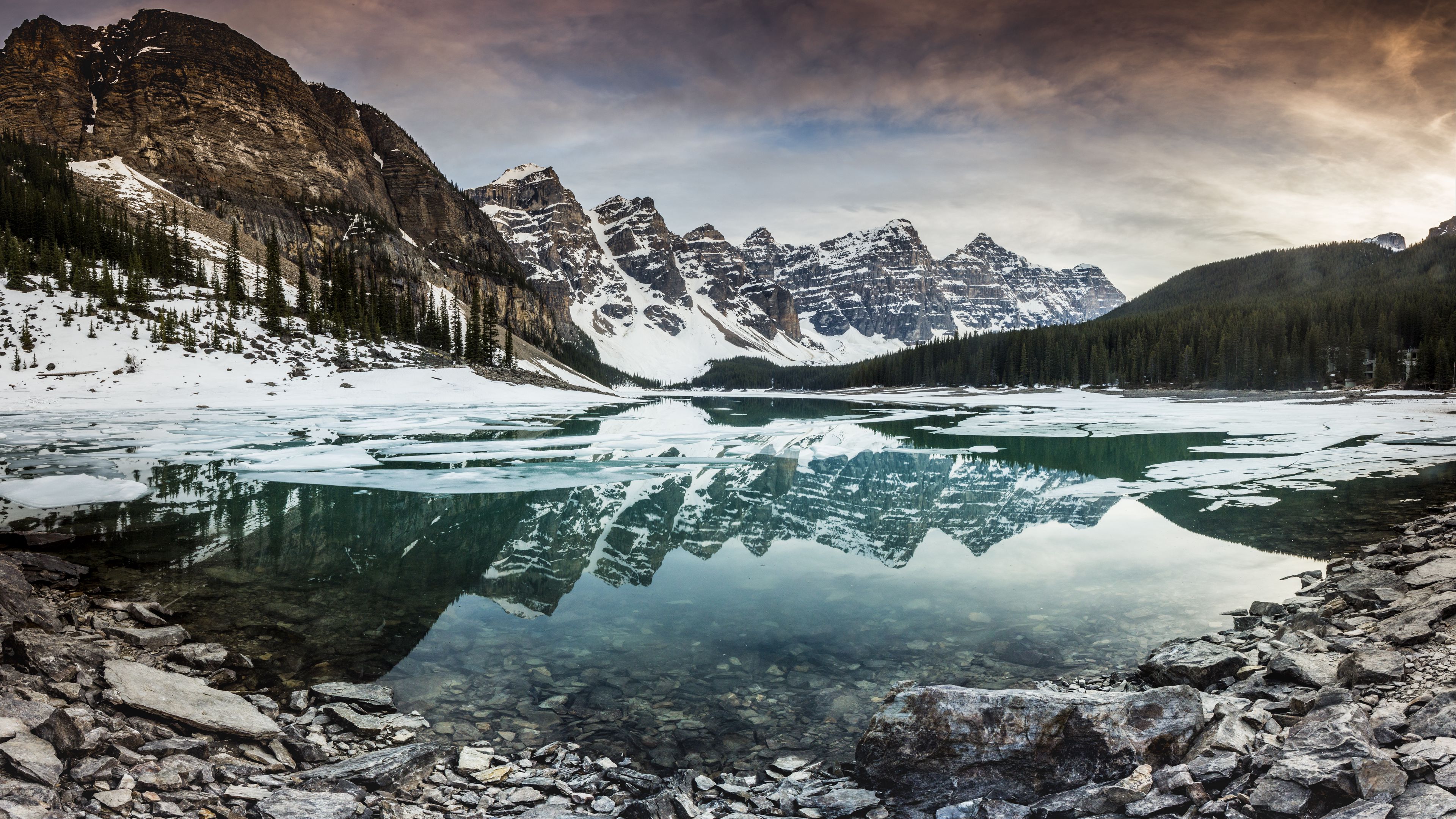 lake, mountains, stones, snow, clouds, 4k, HD Wallpaper