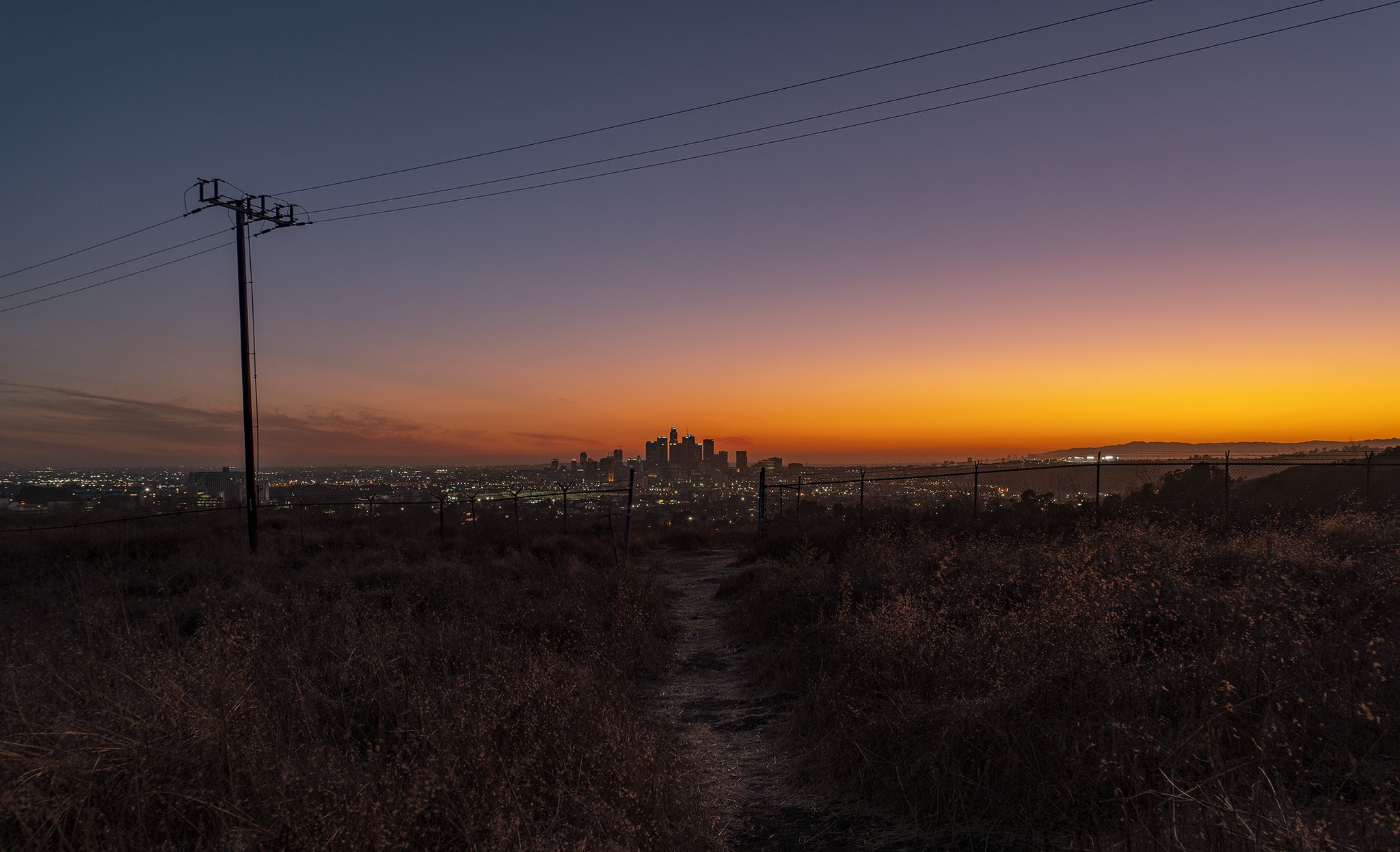 Los Angeles, cityscape, USA, dark, sky, power lines, HD Wallpaper