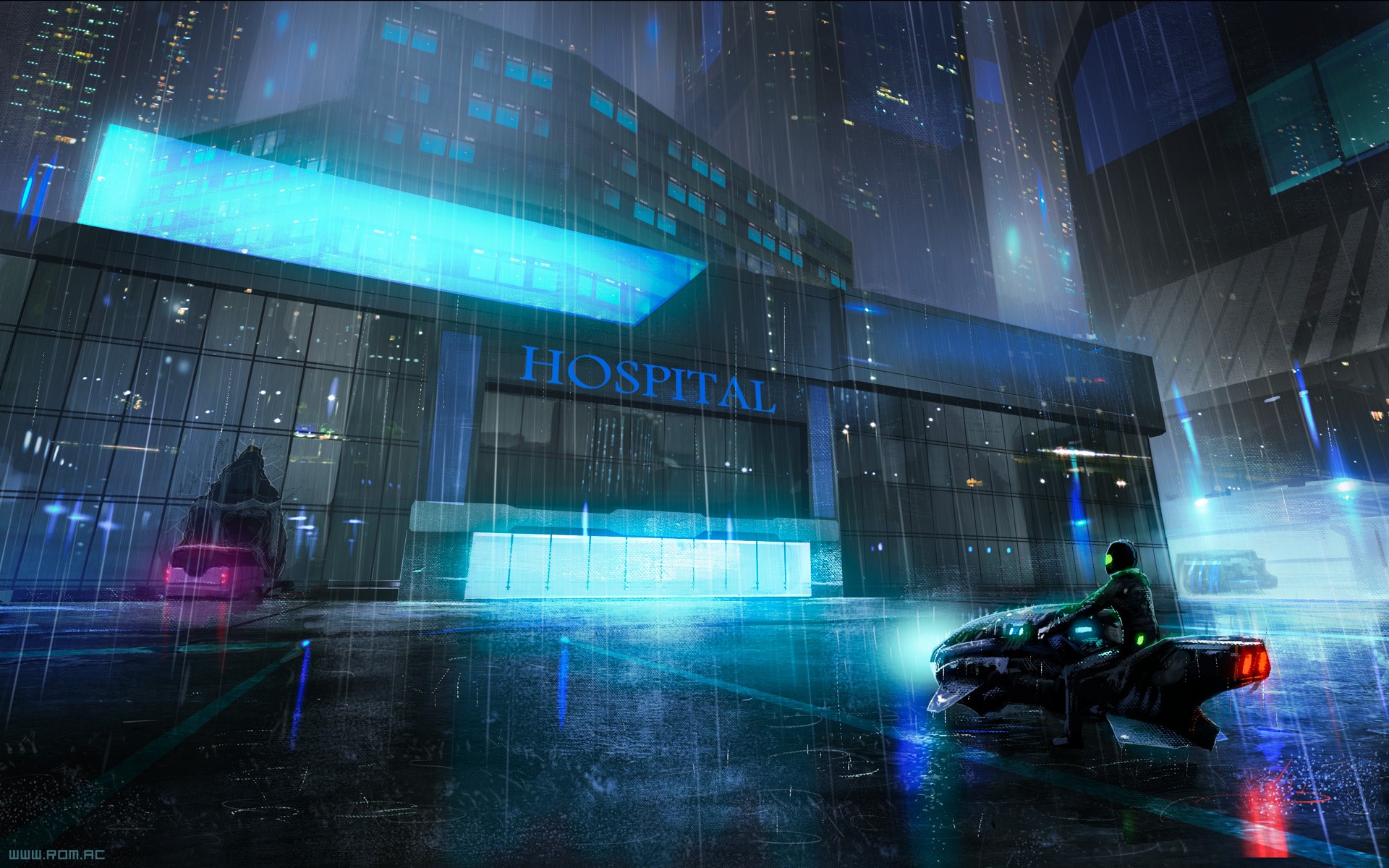 hospital, rain, night, motorcycle, vehicle, cityscape, building, blue light, wet, digital art, HD Wallpaper