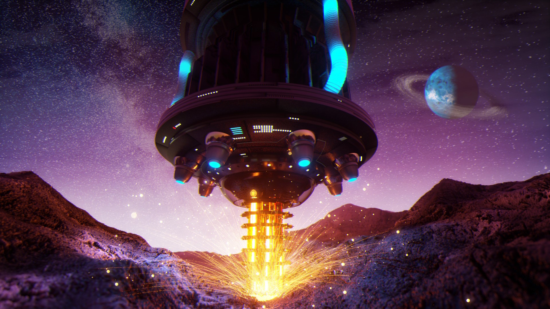 David Legnon, harvester, mining, stars, Offworld, planet, rocks, science fiction, Tubes, blue light, digital art, space, HD Wallpaper