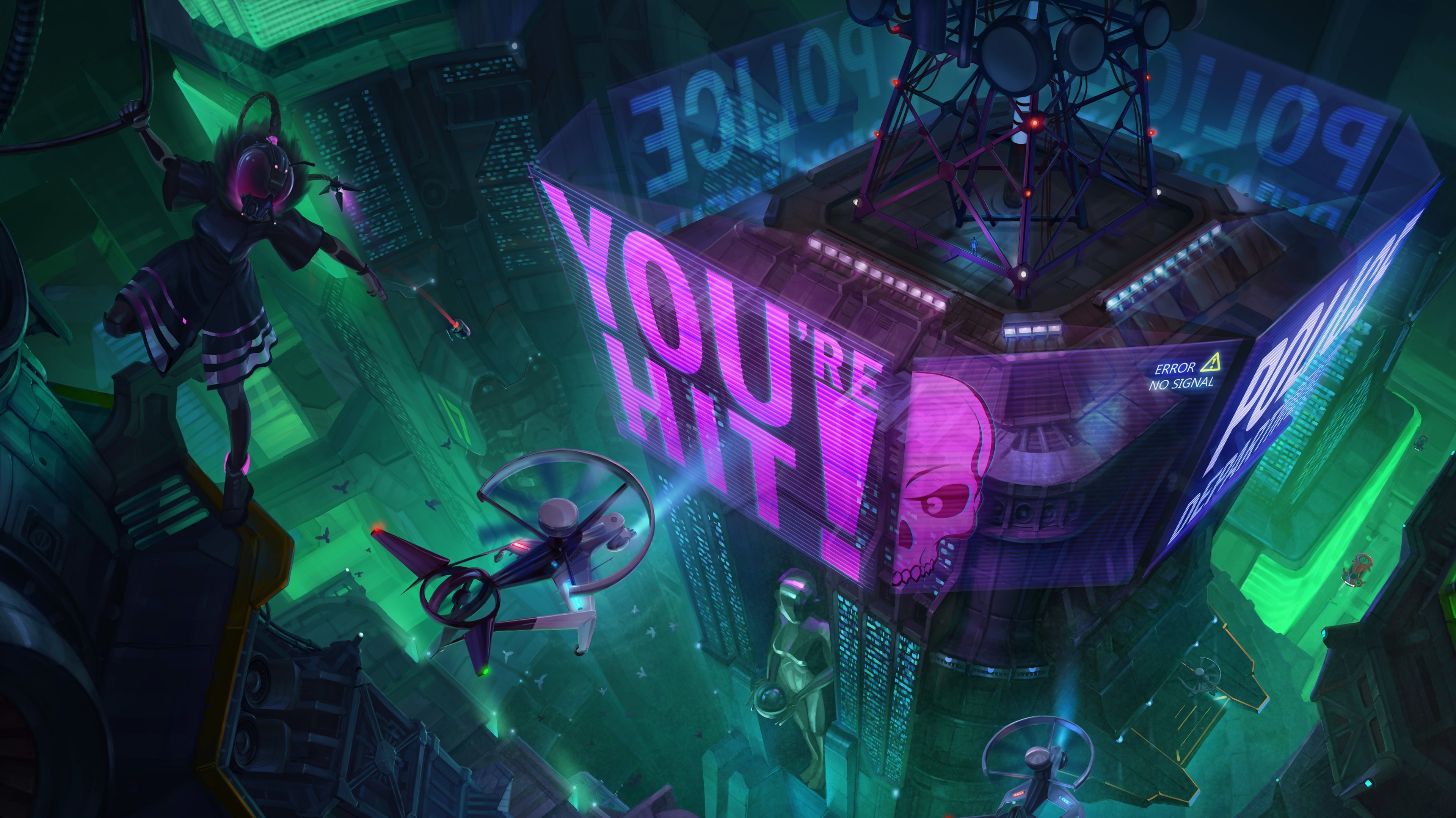 futuristic city, futuristic, artwork, cyberpunk, hologram, helicopter, cityscape, high angle, HD Wallpaper