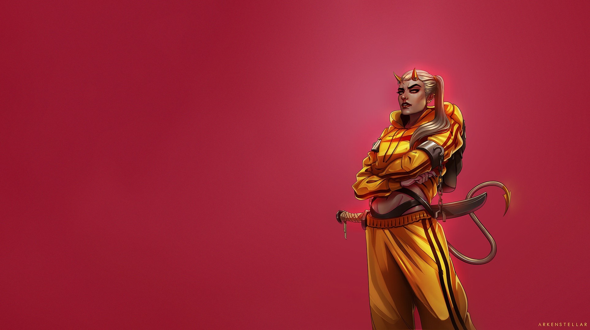 simple background, red background, horns, fantasy girl, fantasy art, artwork, HD Wallpaper