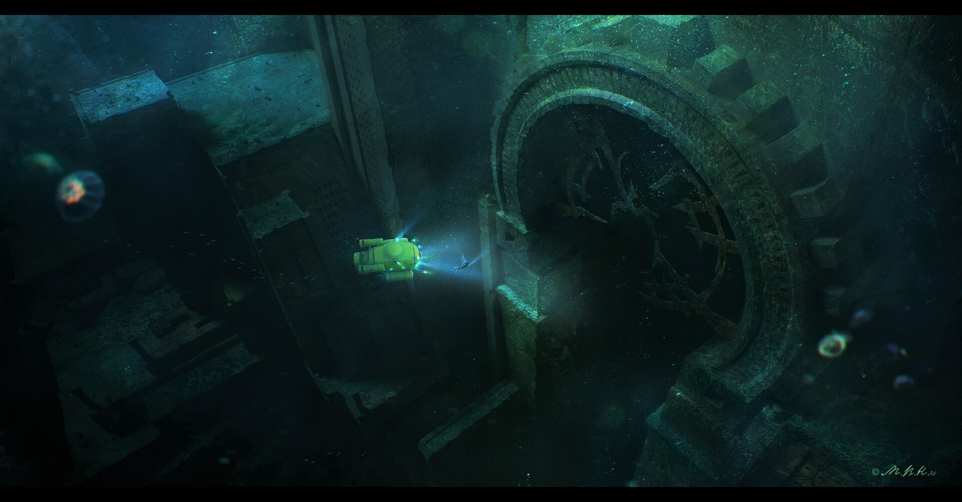 Vladimir Manyukhin, ancient, gates, underwater, HD Wallpaper