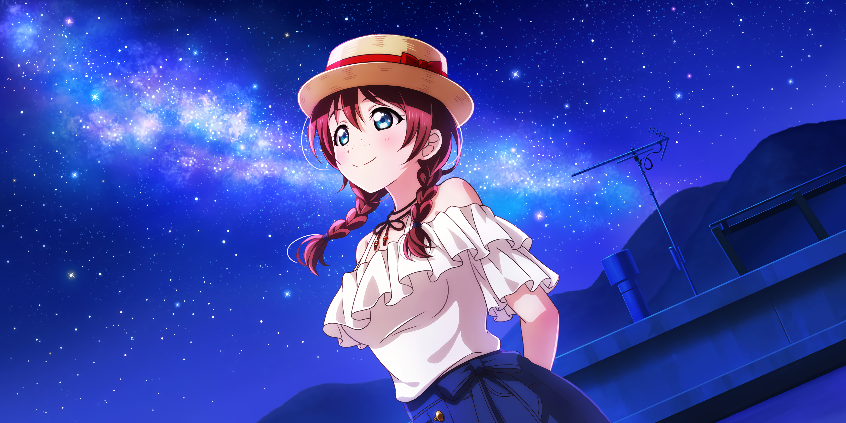 Love Live Series, Love Live!, Love Live! Sunshine, anime, anime girls, sky, stars, hat, blue eyes, outdoors, Emma Verde, HD Wallpaper
