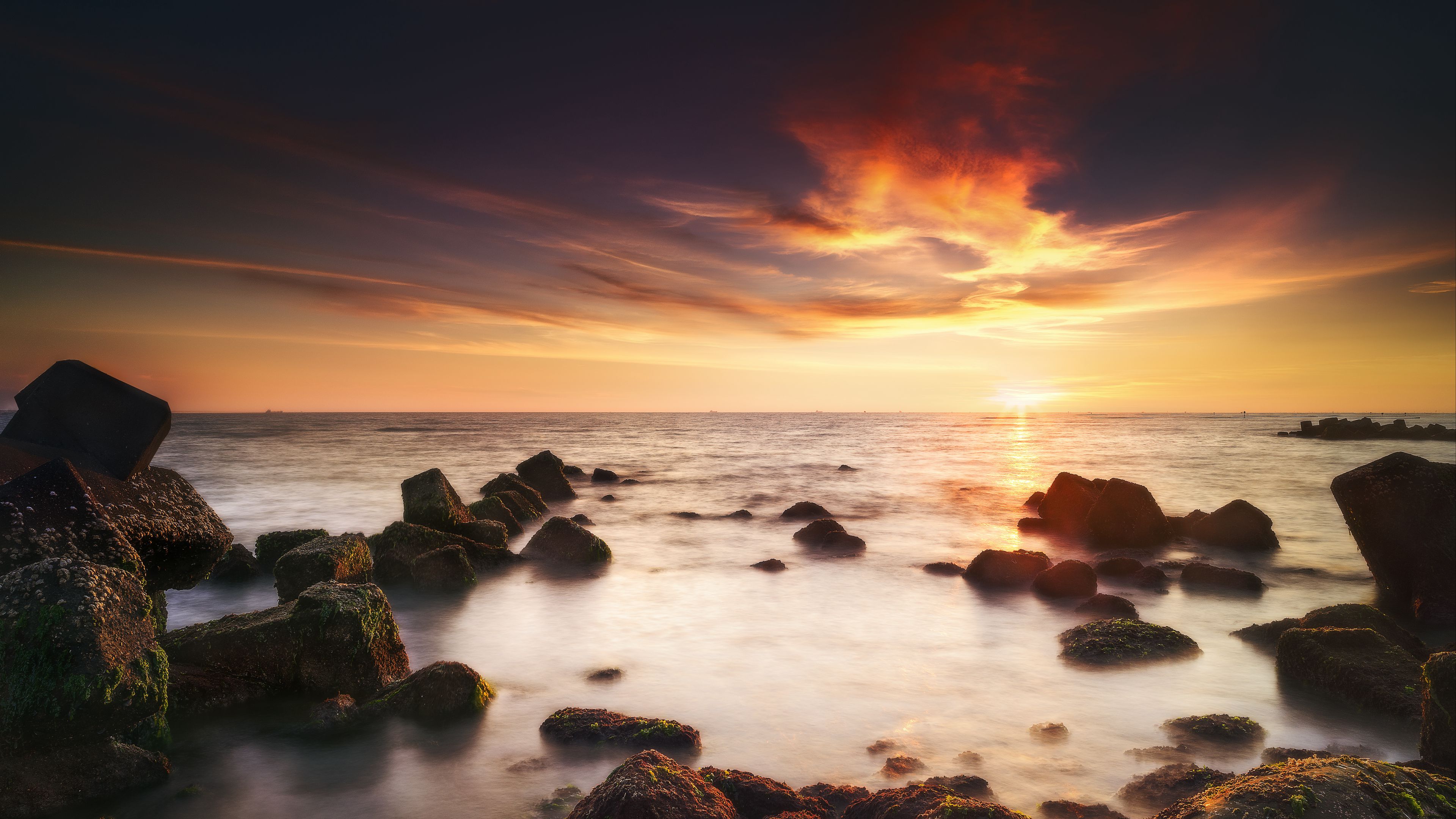 stones, water, horizon, sunset, 4k, HD Wallpaper