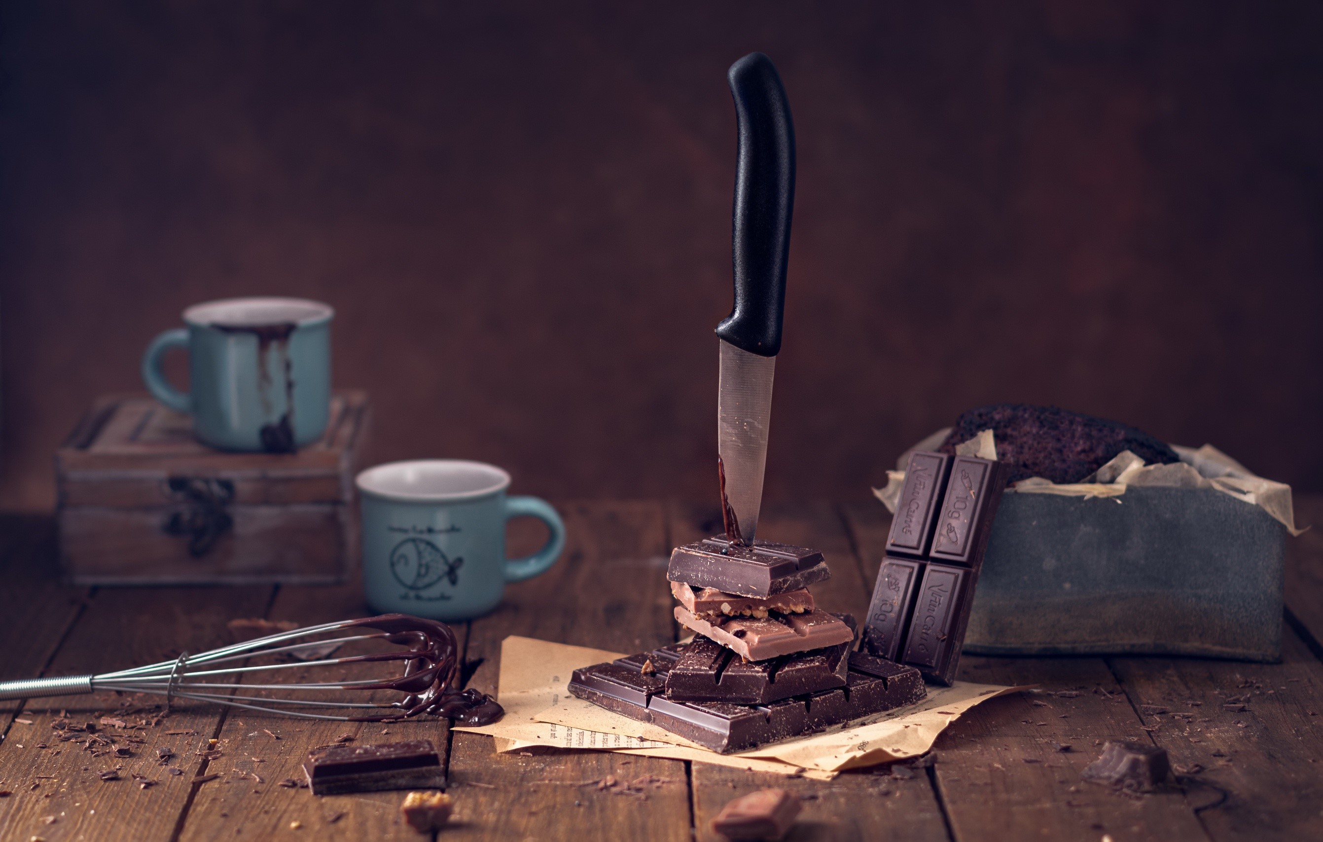 still life, food, cup, knife, sweets, chocolate, wooden surface, whisk, HD Wallpaper