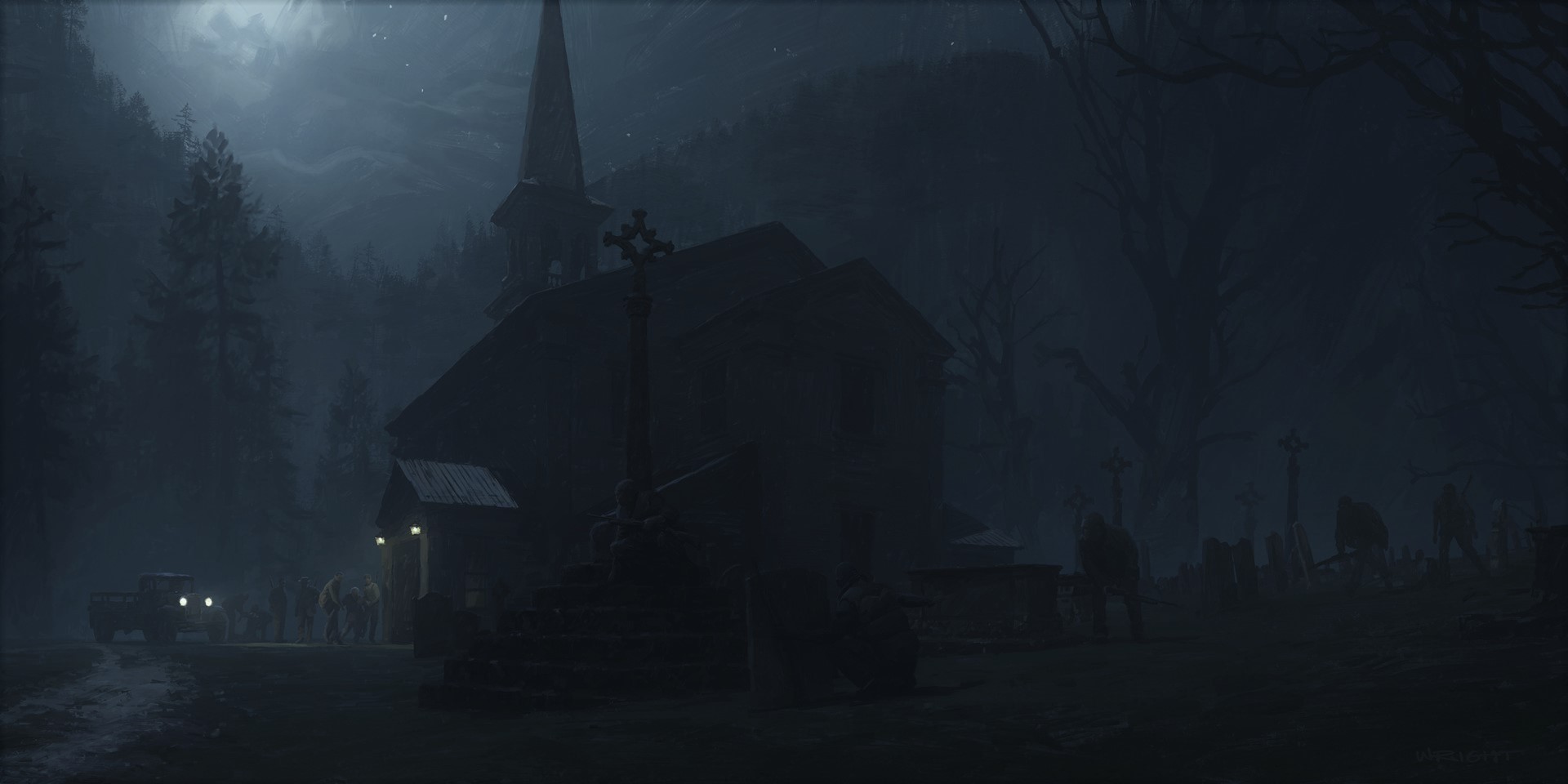 Cthulu, H. P. Lovecraft, Richard Wright, space, stars, creature, night, mansion, church, forest, horror, HD Wallpaper