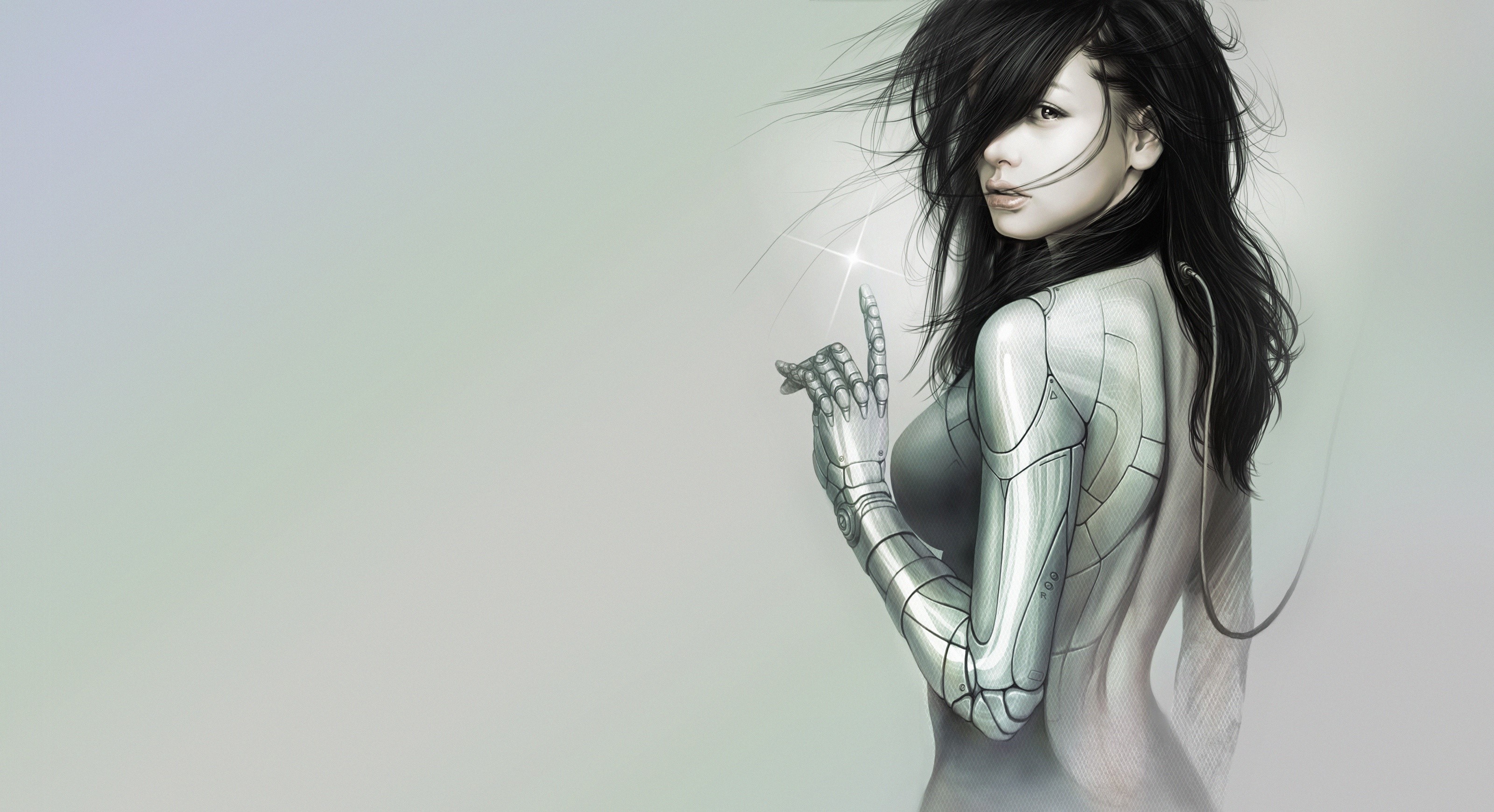 dark hair, science fiction, cyborg, artwork, simple background, women, HD Wallpaper