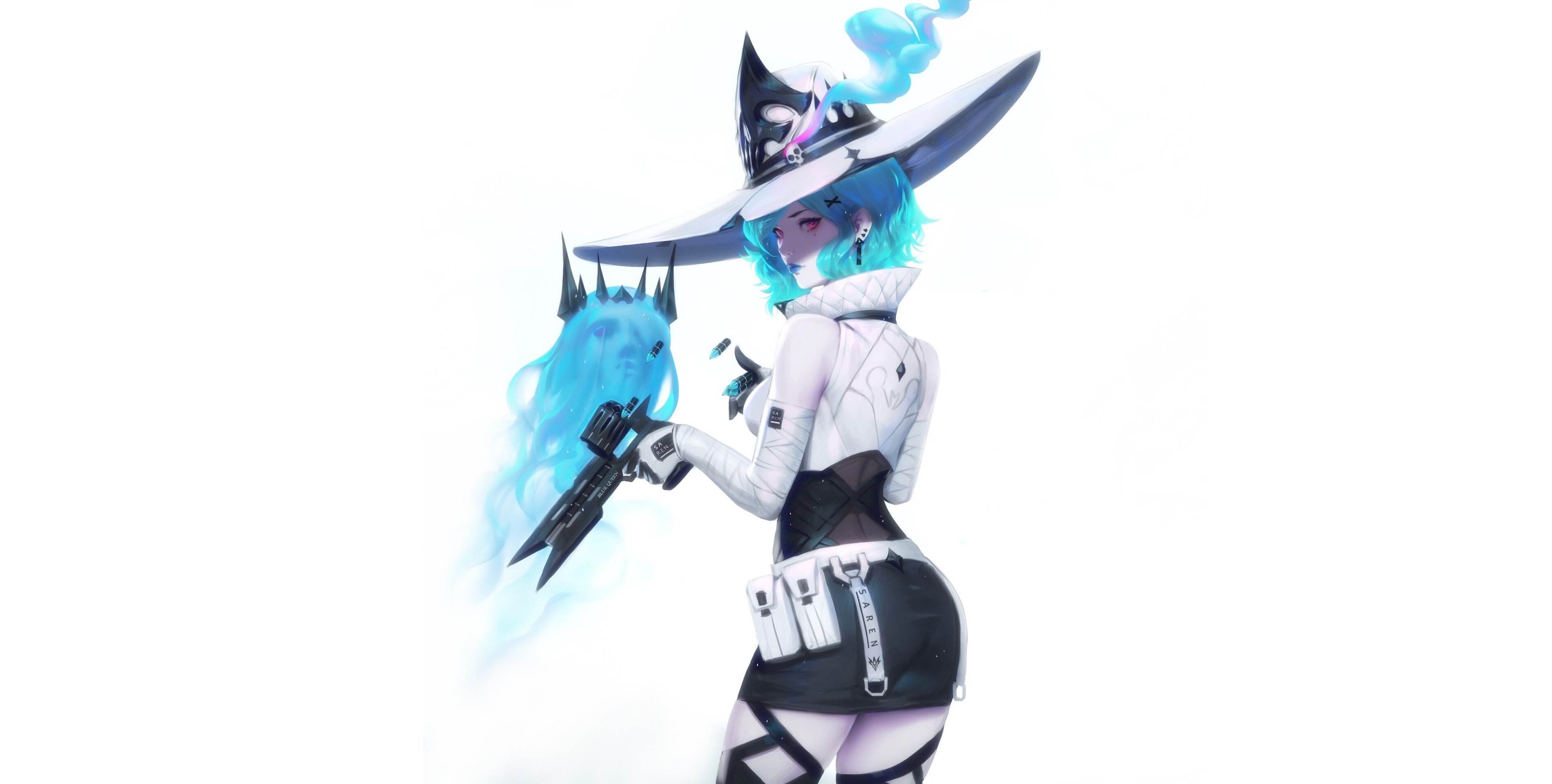anime, anime girls, simple background, white background, gun, hat, cyan, HD Wallpaper