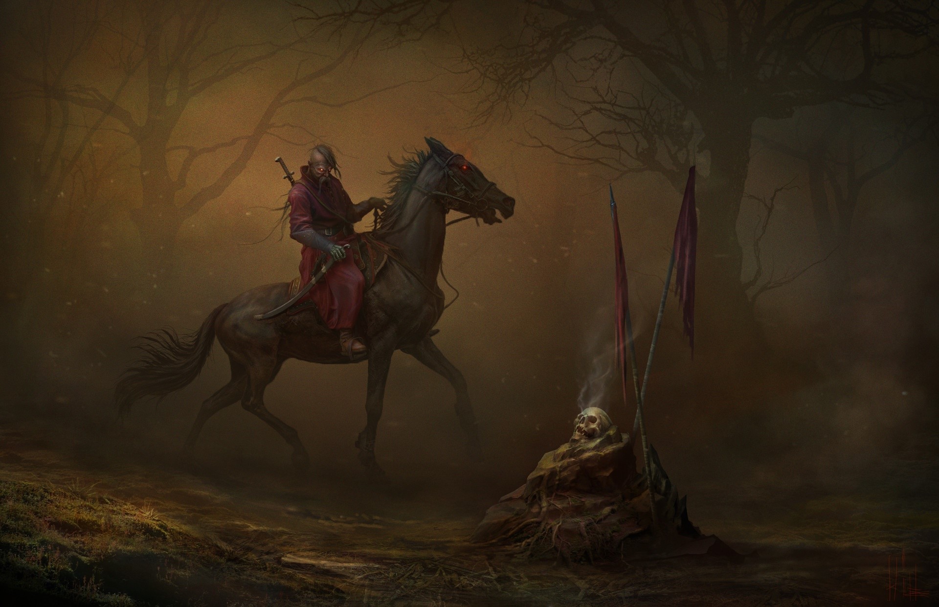 dark fantasy, fantasy art, artwork, horse, skull, HD Wallpaper