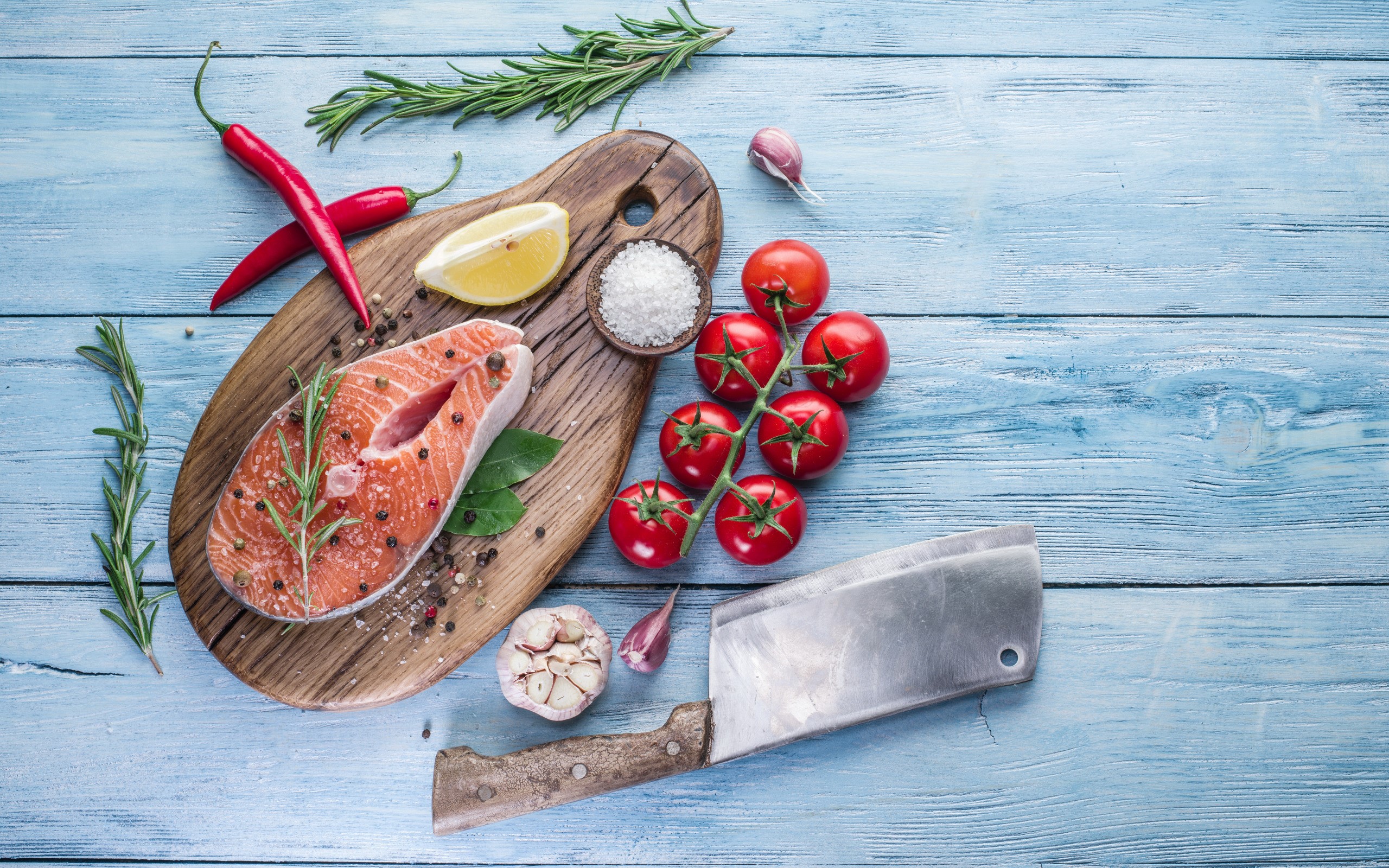 fish, food, seafood, tomatoes, vegetables, blades, HD Wallpaper