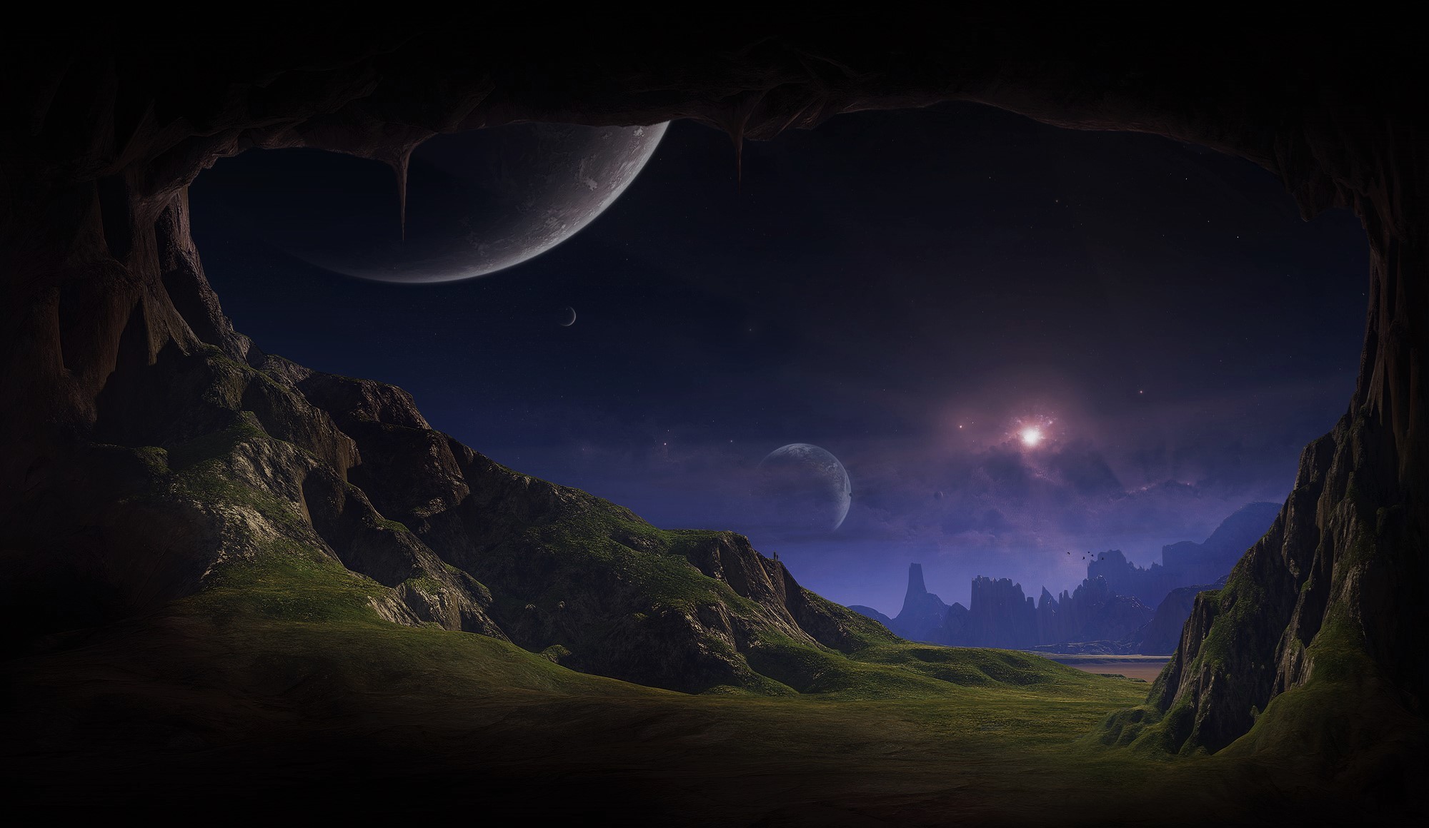 nature, clouds, grass, planet, stars, sky, rocks, cave, landscape, fantasy art, HD Wallpaper