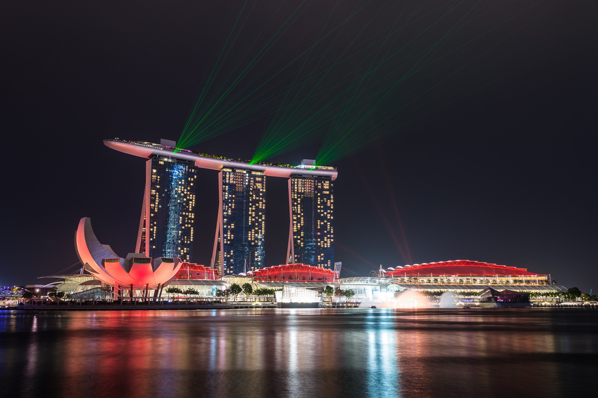 Singapore, Marina Bay, night, lights, laser, water, Asia, HD Wallpaper