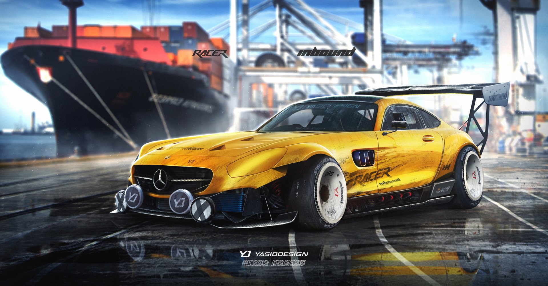 car, racer, vehicle, yellow cars, digital art, Mercedes Benz, car spoiler, HD Wallpaper