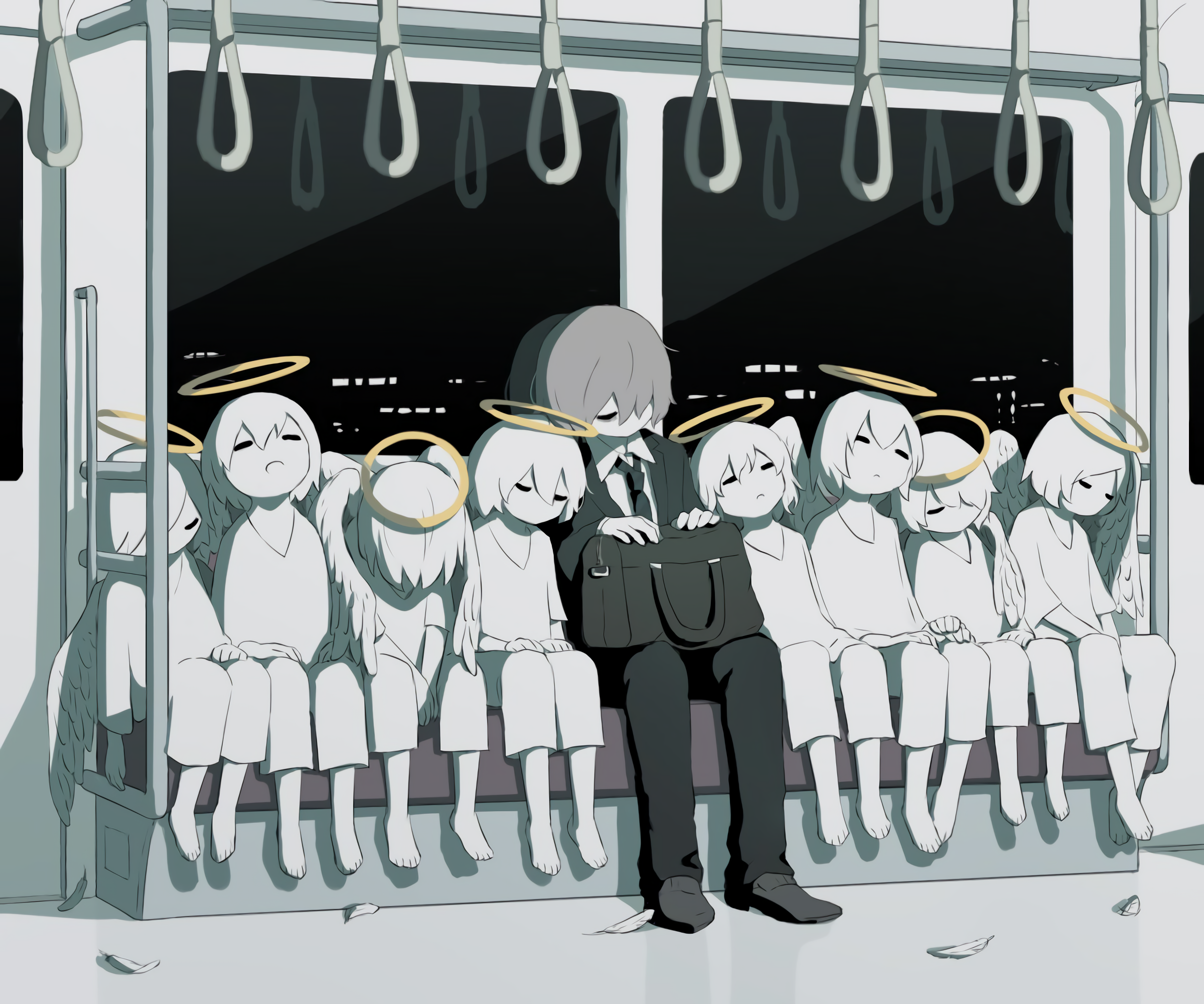 anime, angel, jacket, nimbus, train, sleeping, HD Wallpaper