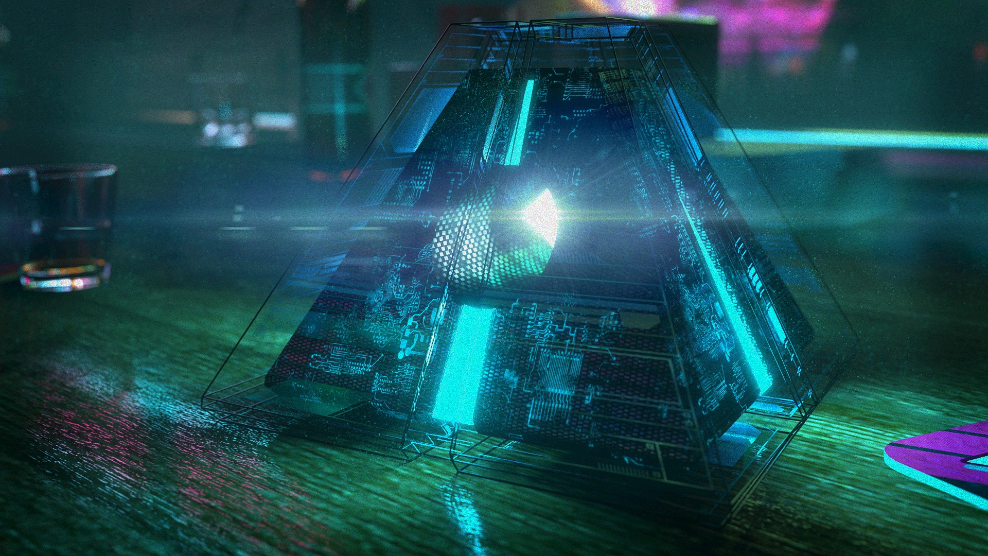David Legnon, cyberpunk, Artifacts, science fiction, blue light, pyramid, glass, circuits, glowing, digital art, cyan, HD Wallpaper