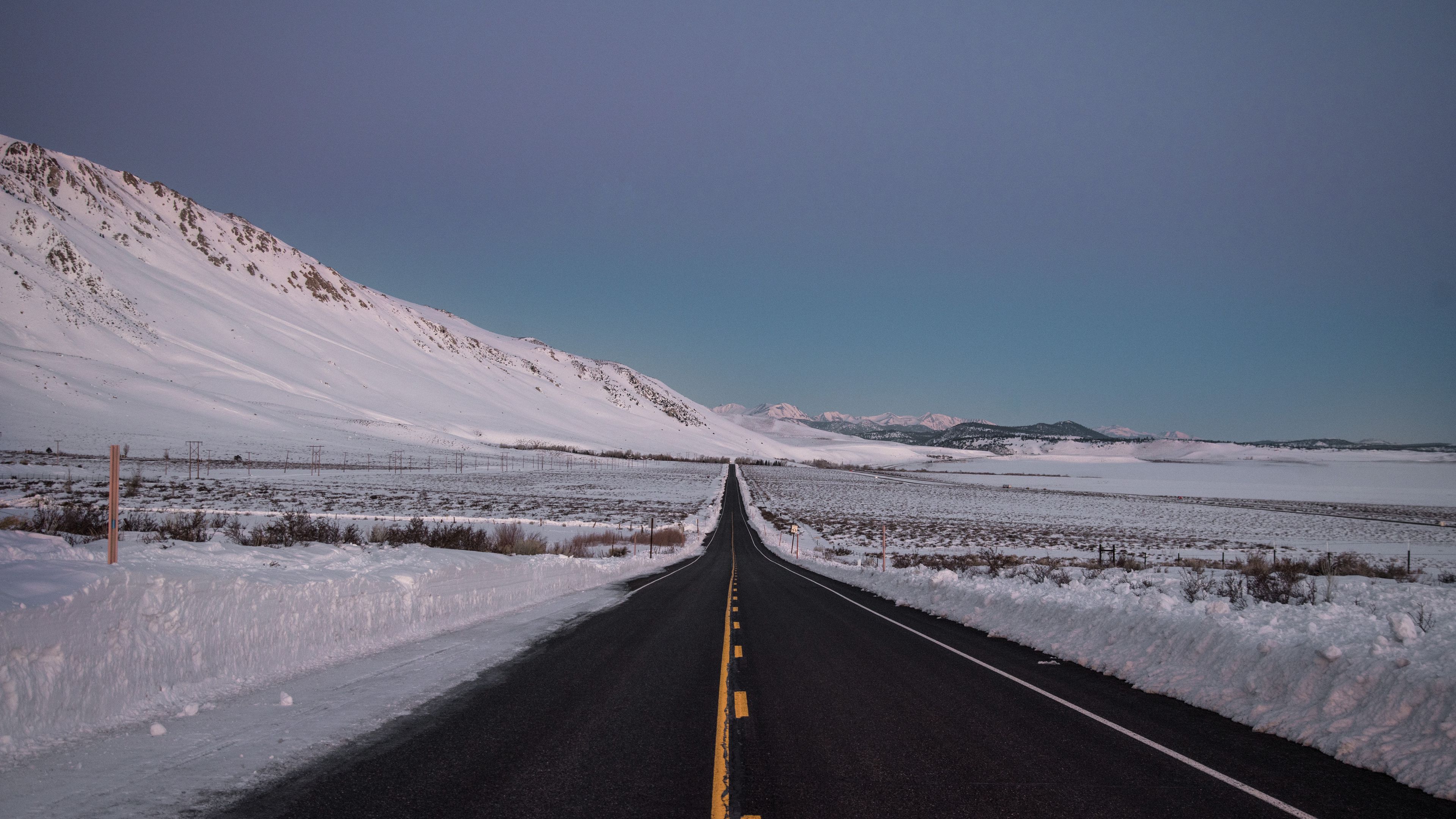 road, asphalt, snow, winter, horizon, direction, 4k, HD Wallpaper