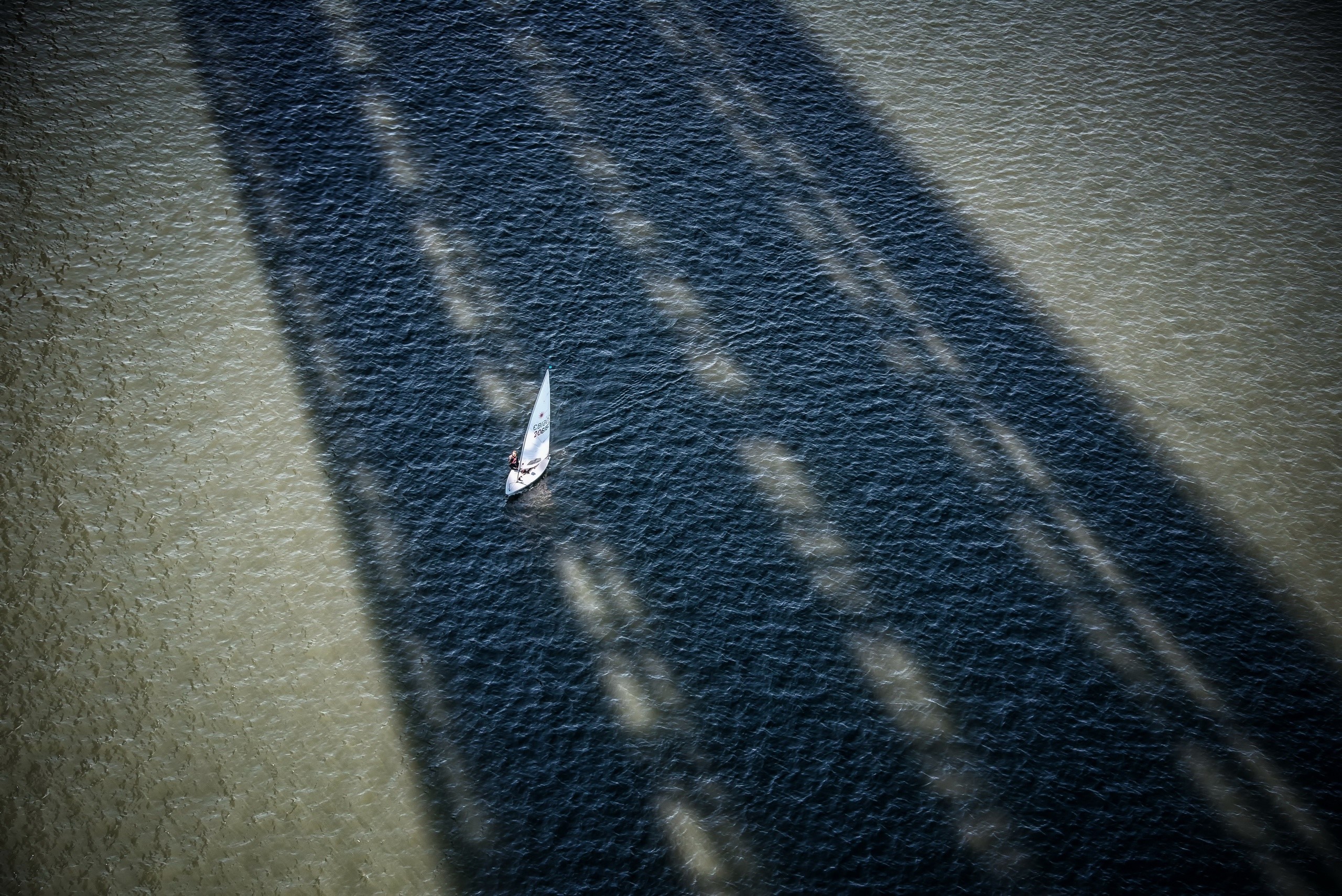 sea, boat, water, shadow, vehicle, under bridge, high angle, HD Wallpaper