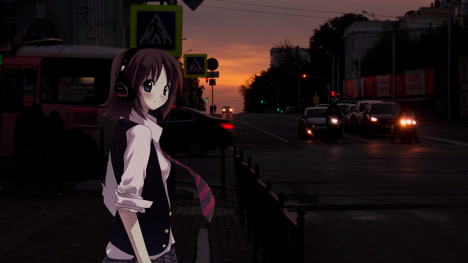 anime, Girlfriend (beta), walking, music, road, Russia, anime_irl, dark, traffic, anime girls, HD Wallpaper