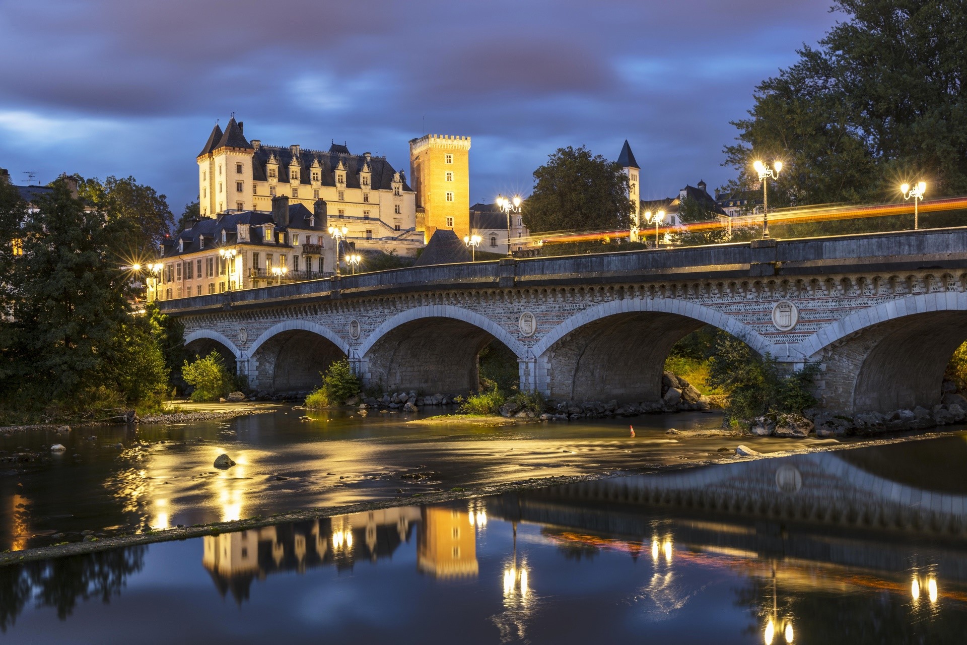 France, lights, outdoors, bridge, water, reflection, castle, HD Wallpaper