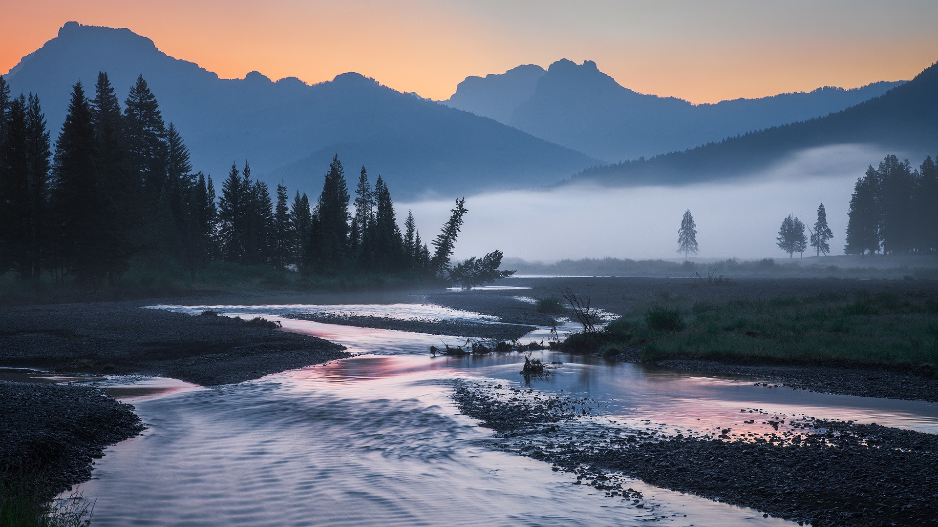 nature, landscape, mountains, valley, sunrise, morning, mist, river, water, trees, pine trees, forest, grass, outdoors, HD Wallpaper