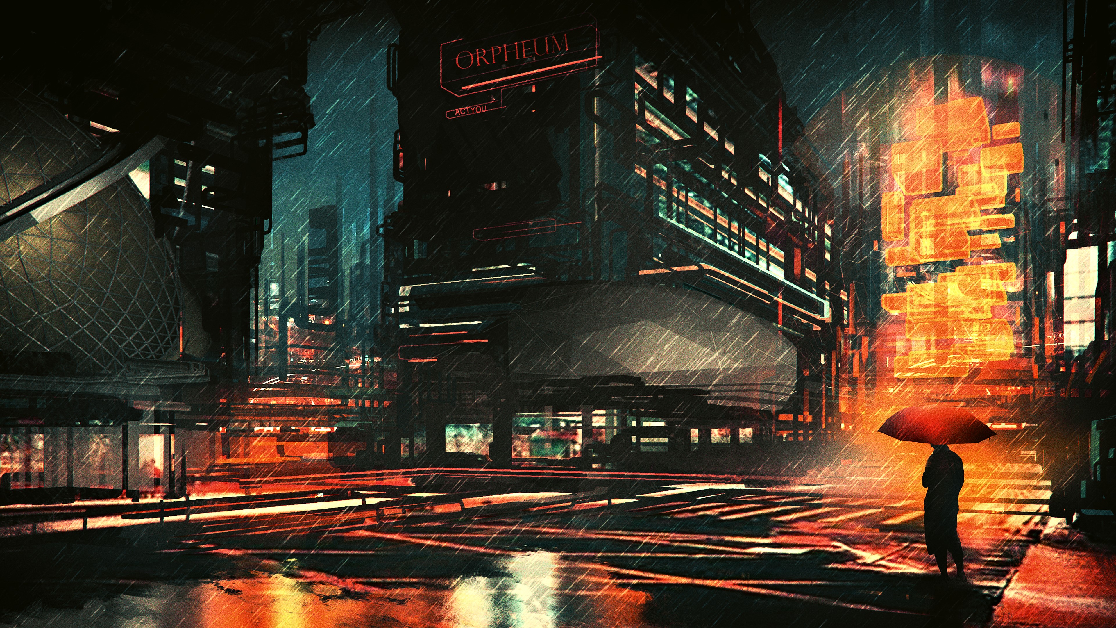futuristic city, futuristic, science fiction, digital art, concept art, artwork, fantasy art, fan art, 3D, CGI, cyberpunk, cyber, city, cityscape, urban, night, rain, dark, umbrella, HD Wallpaper