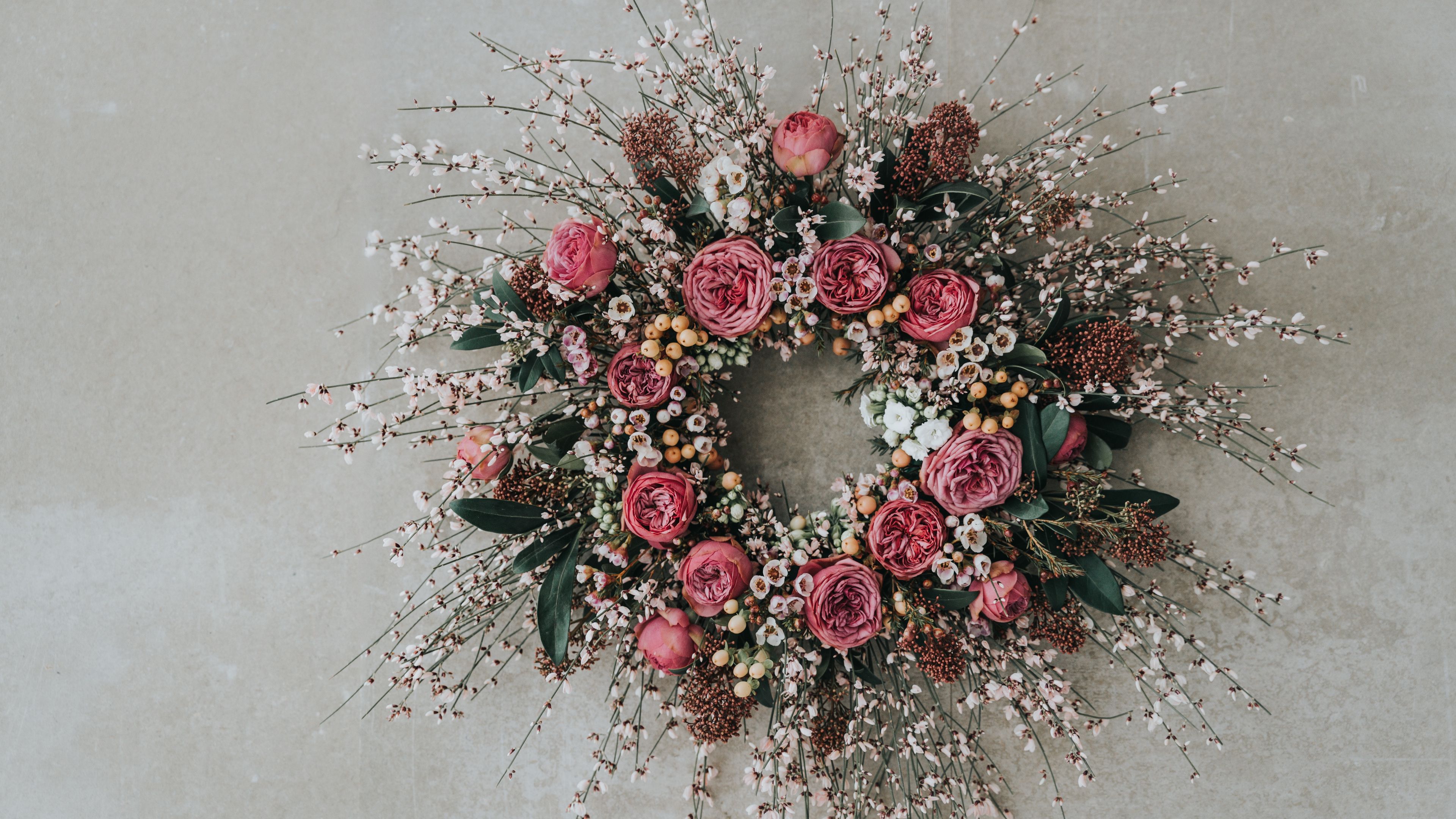 wreath, roses, flowers, composition, decoration, 4k, HD Wallpaper