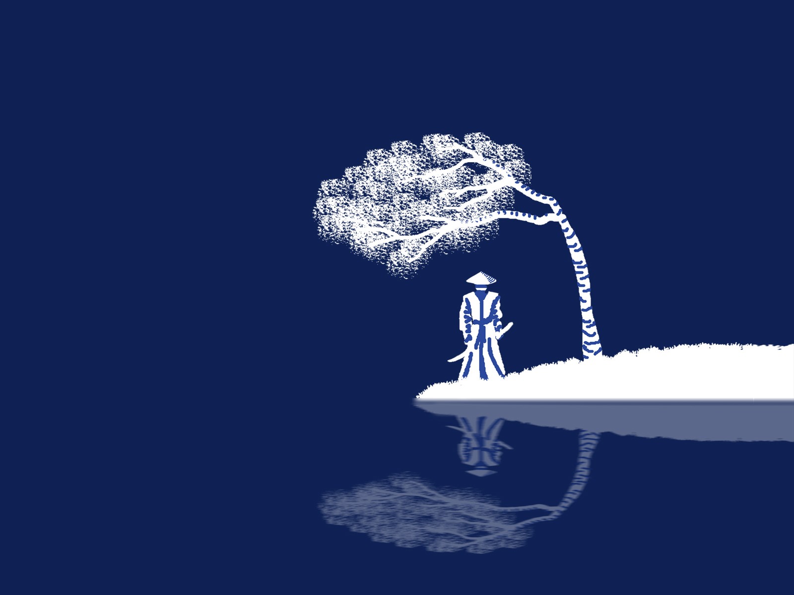 samurai, minimalism, blue background, reflection, HD Wallpaper