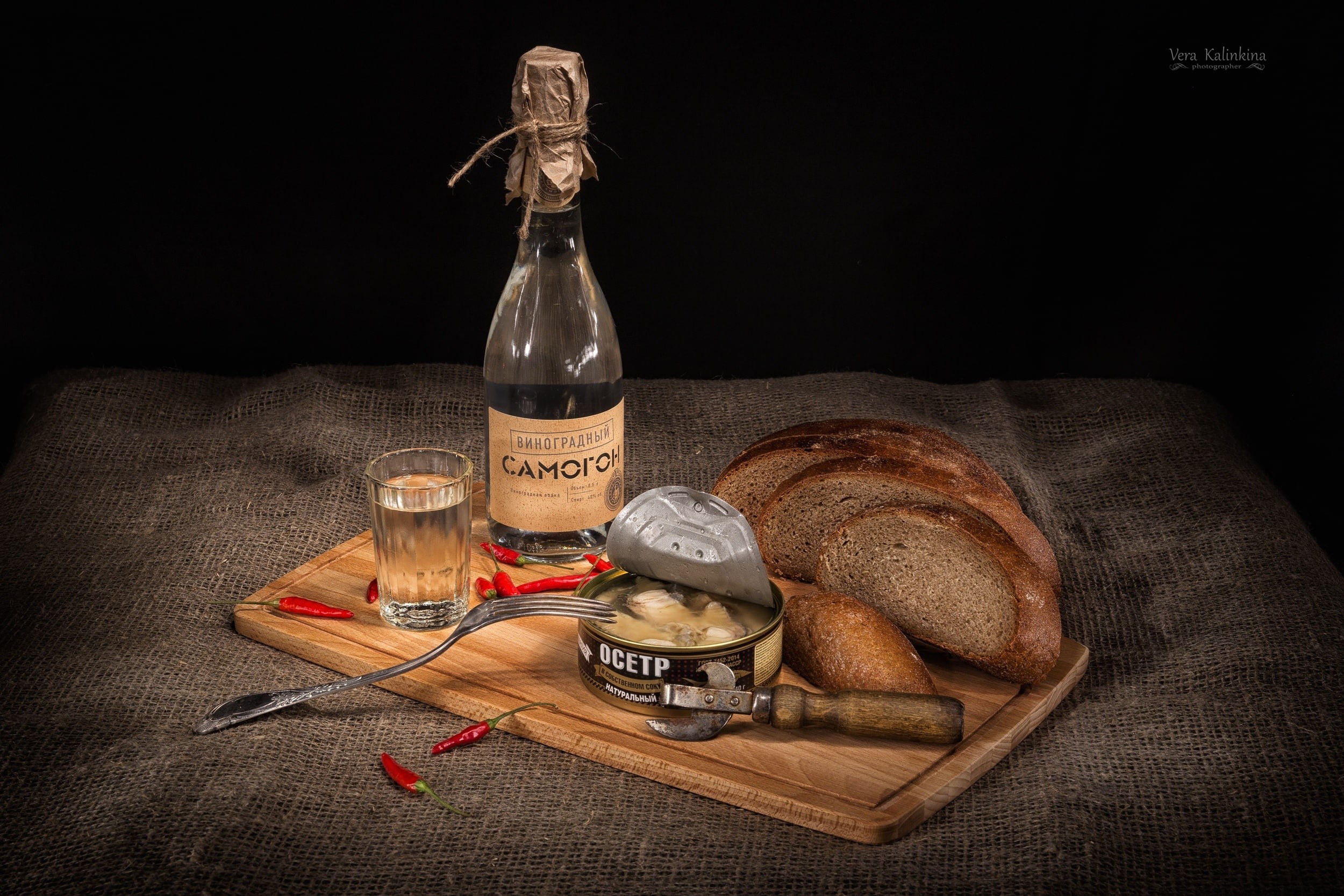 food, vodka, still life, bread, alcohol, bottles, Vera Kalinkina, HD Wallpaper