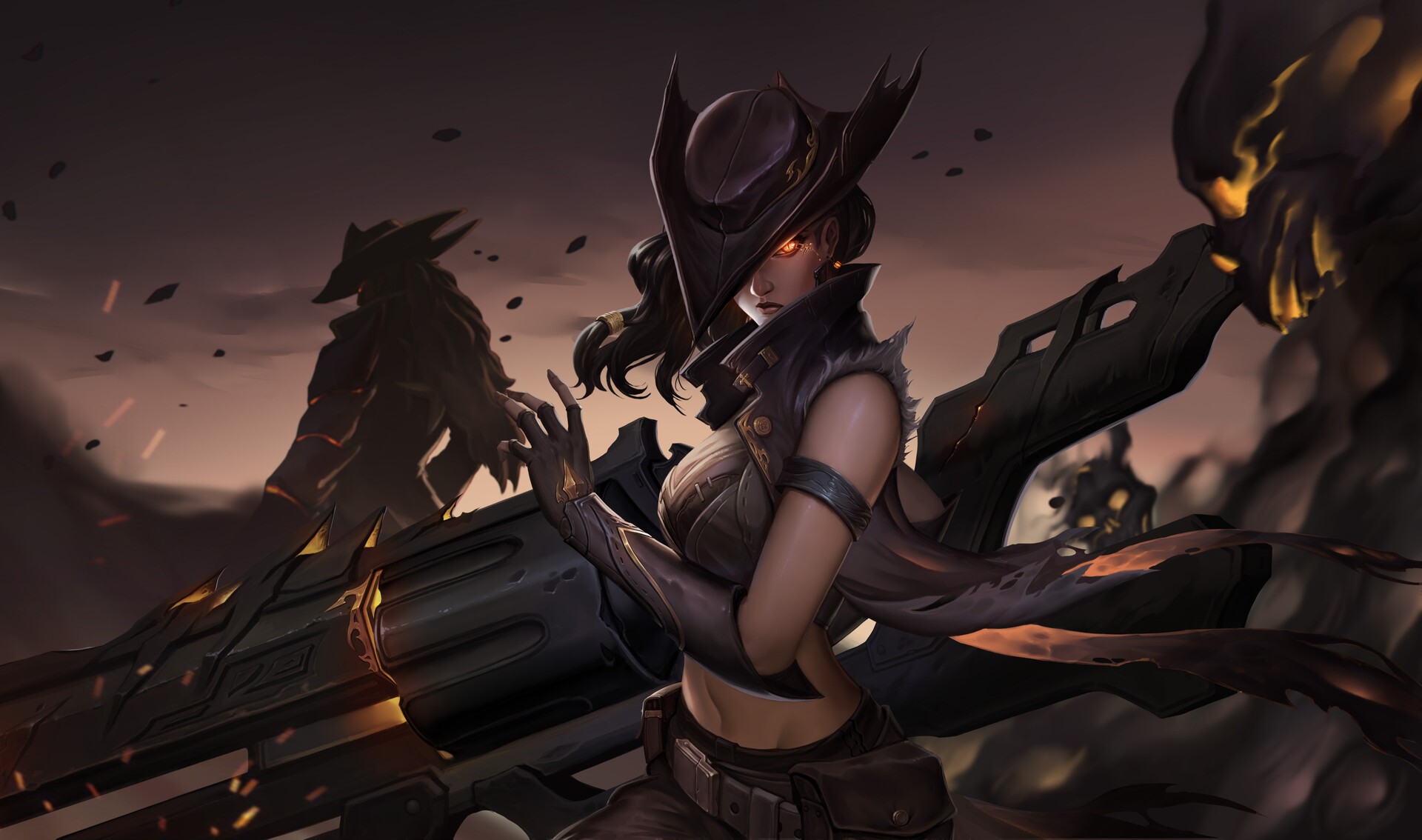 Proxy Xi, drawing, glowing eyes, weapon, gun, dark hair, wind, hat, fighting, angry, pocket, cape, armlet, warrior, fantasy girl, fantasy art, HD Wallpaper