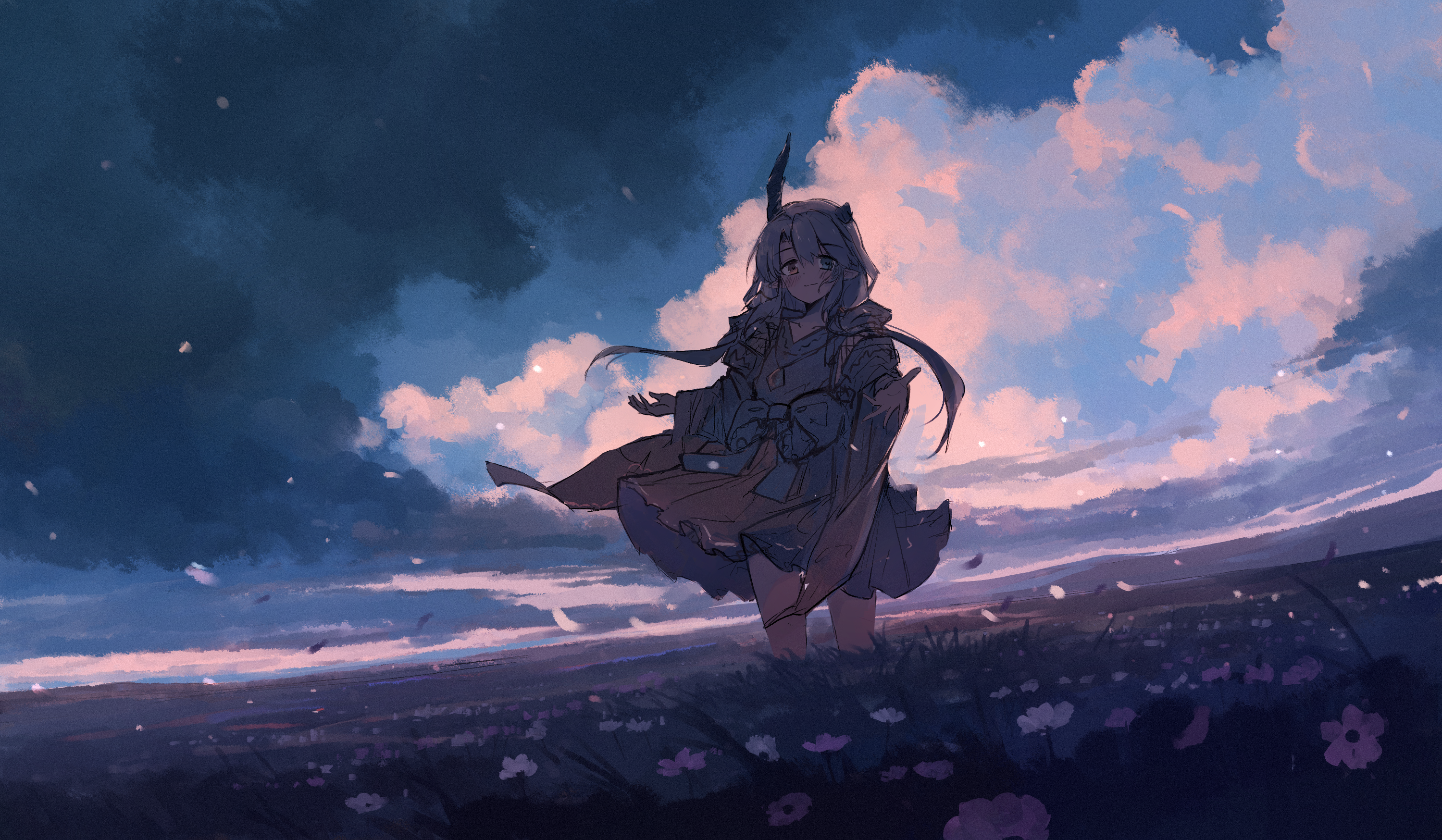 anime, anime girls, digital art, artwork, 2D, portrait, sky, clouds, outdoors, flowers, HD Wallpaper