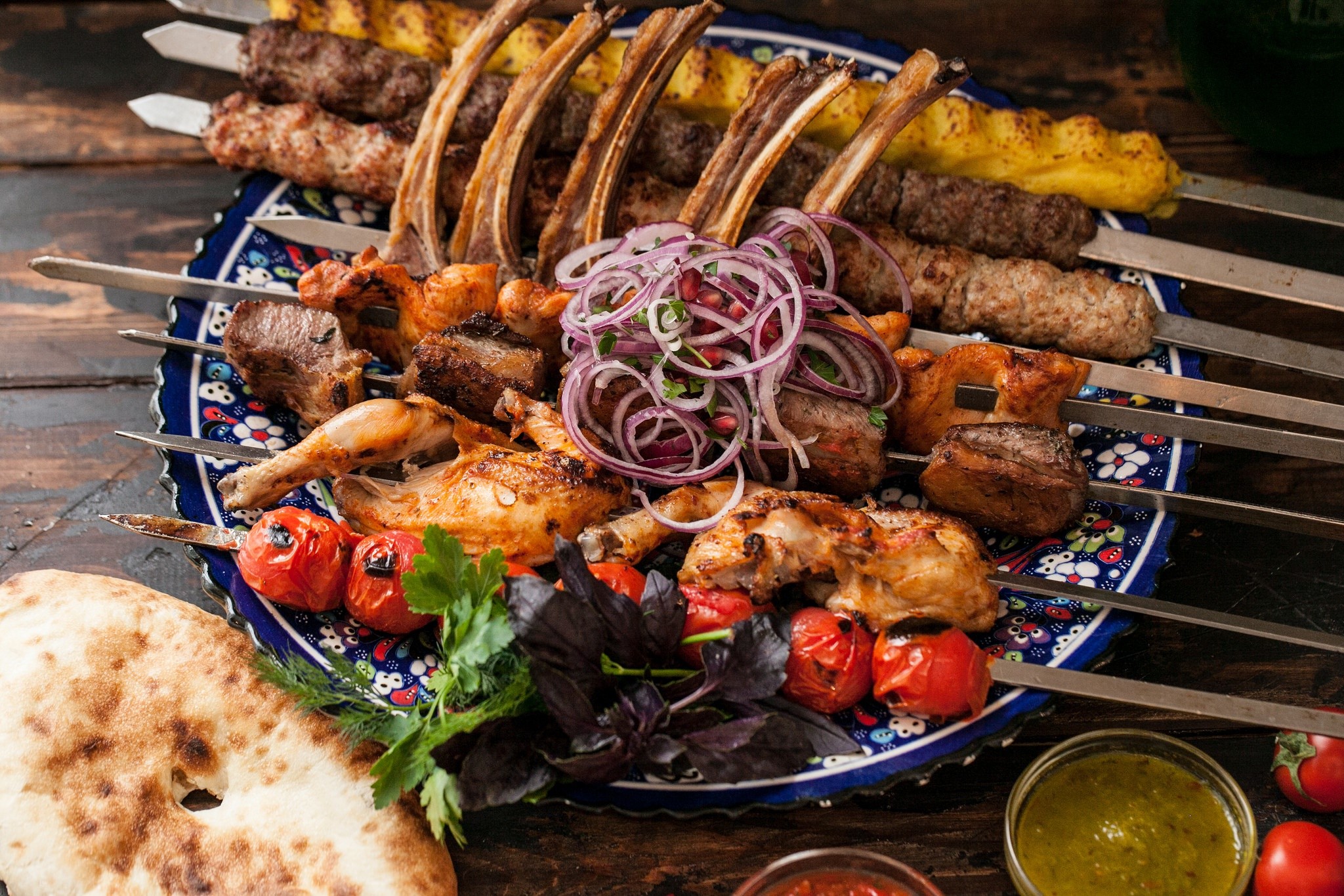 food, meat, tomatoes, kebabs, HD Wallpaper