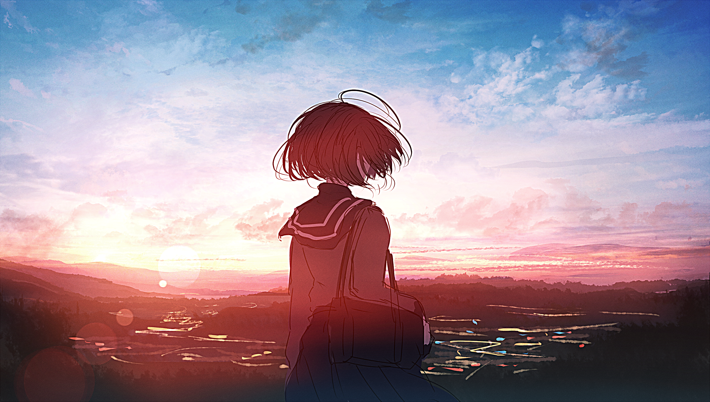 moescape, anime girls, anime, short hair, school uniform, sunset, HD Wallpaper