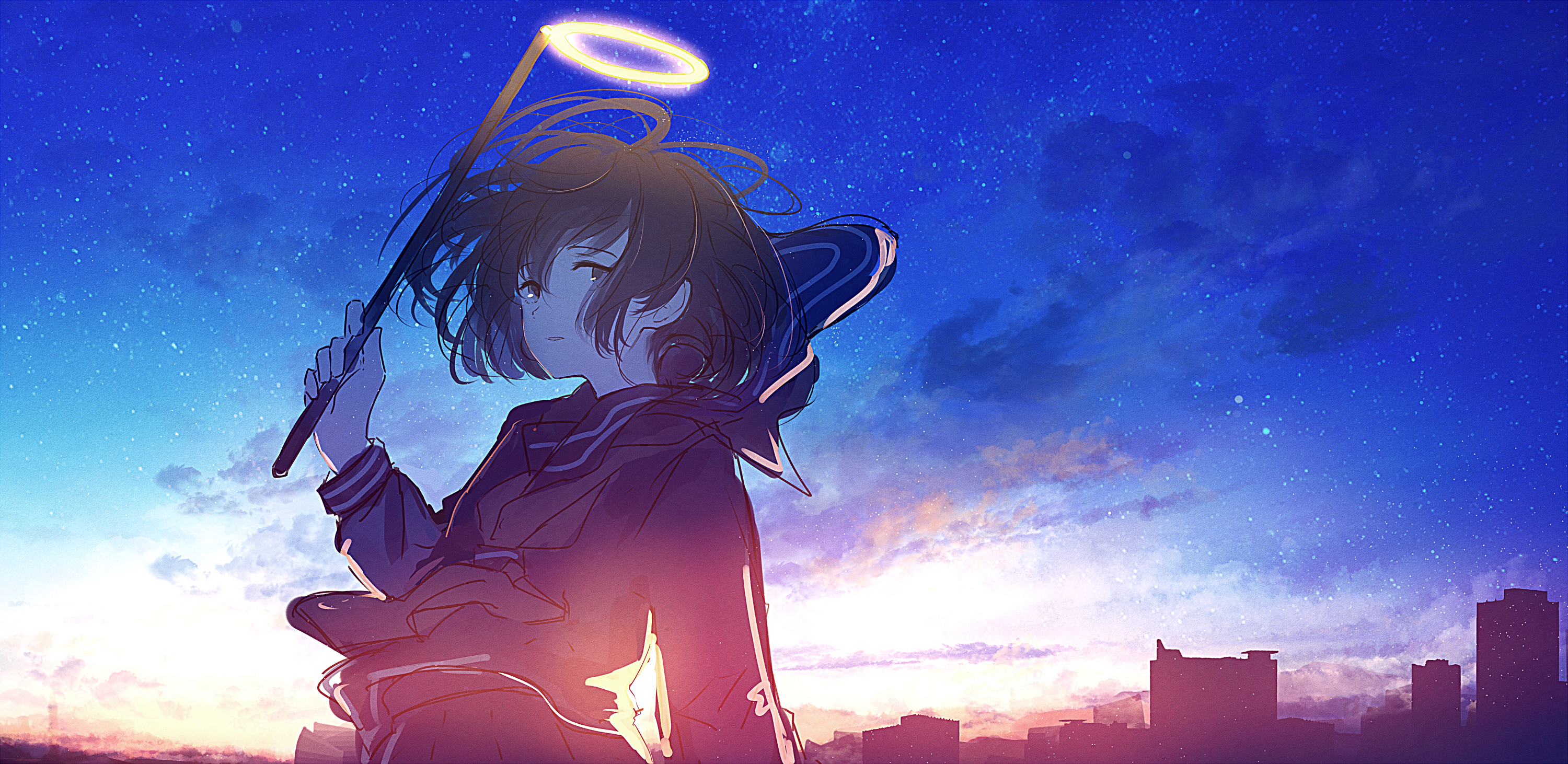 moescape, anime girls, anime, short hair, school uniform, sunset, HD Wallpaper