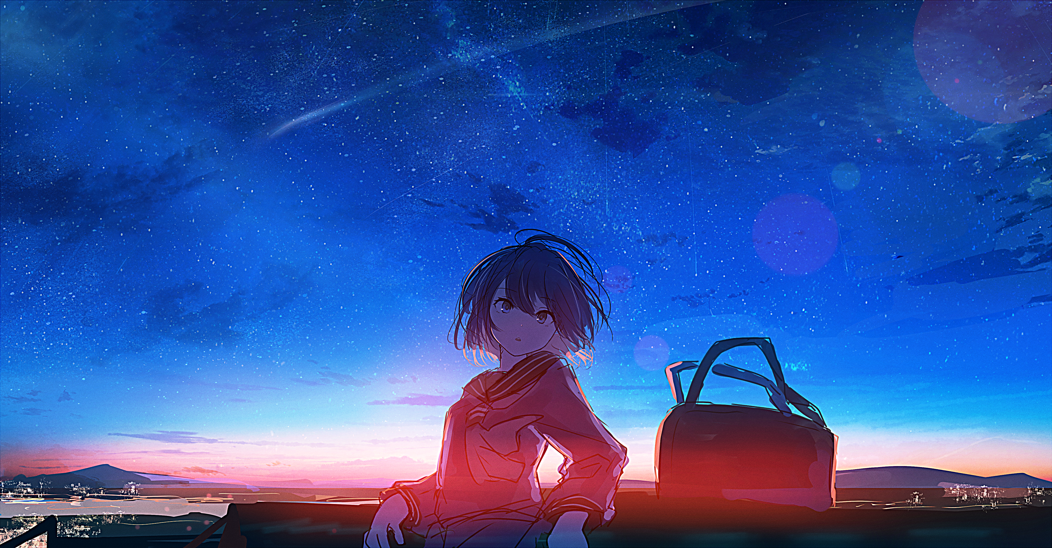 moescape, anime girls, anime, short hair, school uniform, sunset, HD Wallpaper