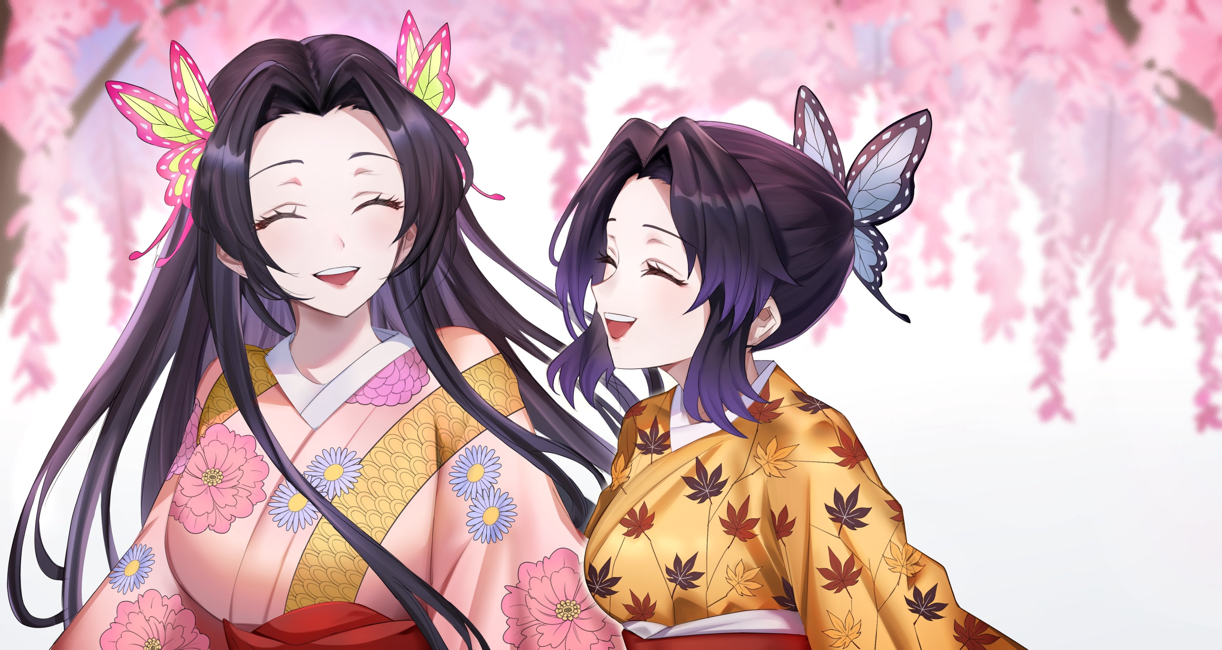 anime, anime girls, Kimetsu no Yaiba, Kochou Shinobu, Kochou Kanae, Sakura blossom, butterflies, HD Wallpaper
