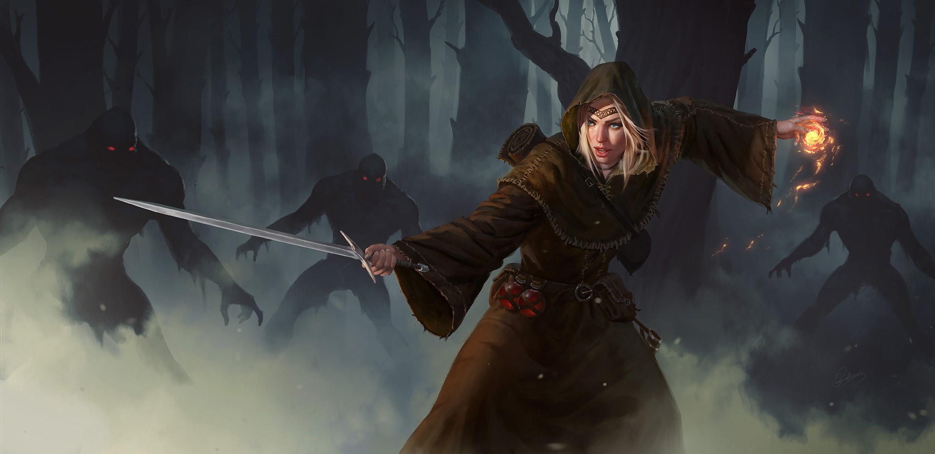 fantasy art, magician, fireballs, sword, red eyes, sorceress, HD Wallpaper