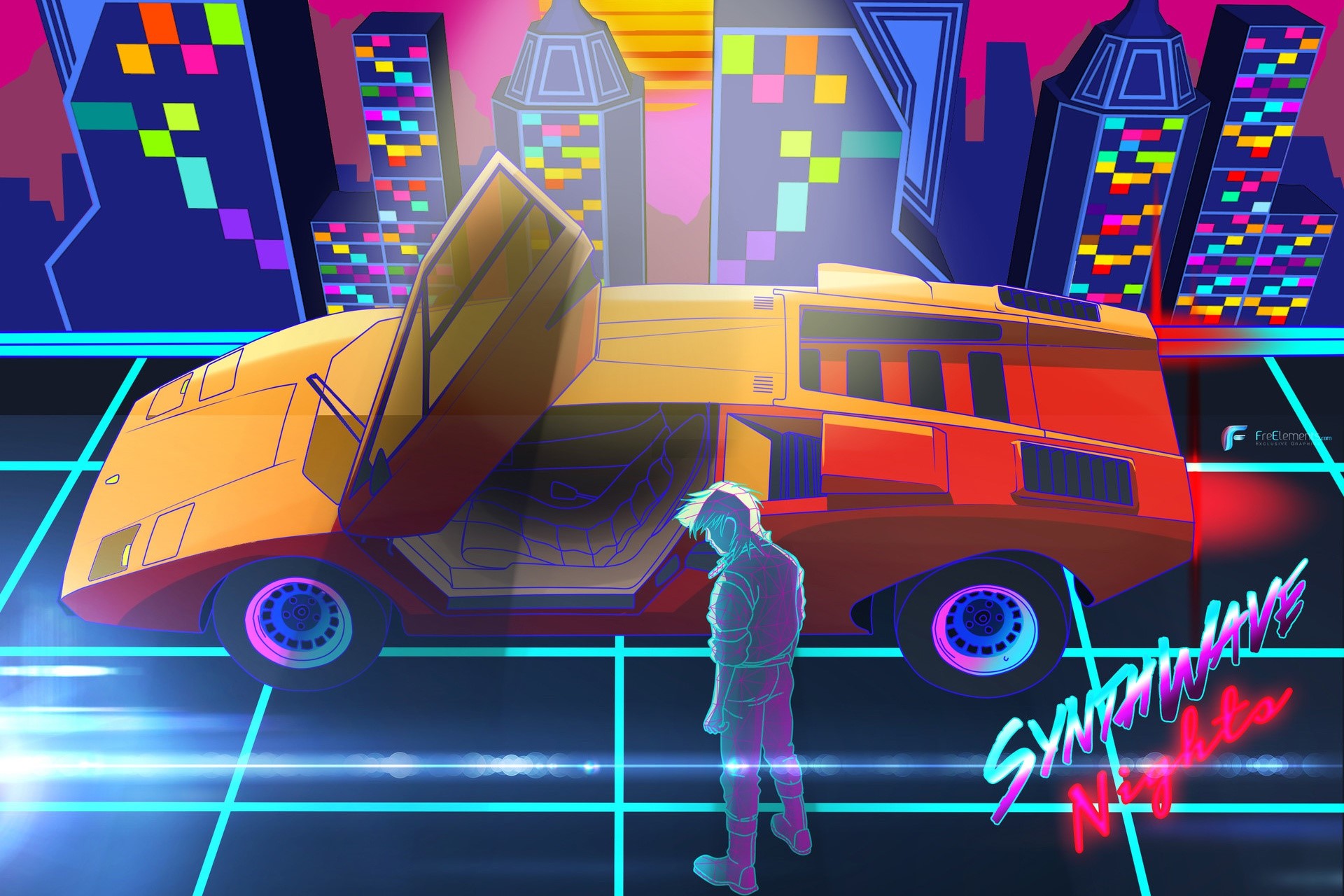 colorful, Lamborghini, neon, car, vehicle, digital art, synthwave, pop-up headlights, HD Wallpaper