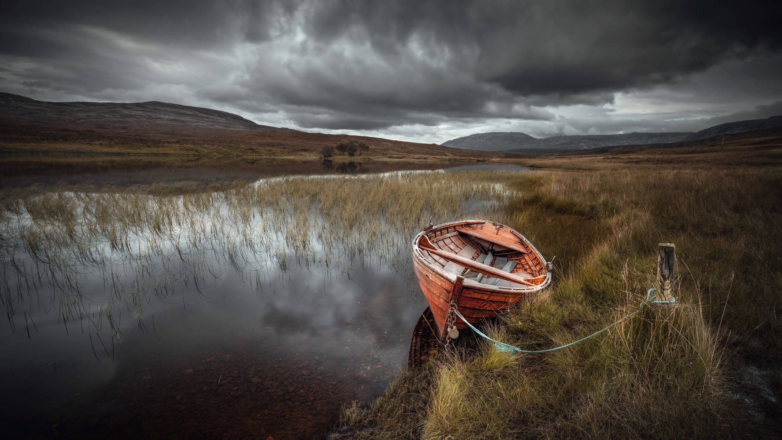 boat, water, landscape, fall, nature, vehicle, outdoors, gloomy, HD Wallpaper