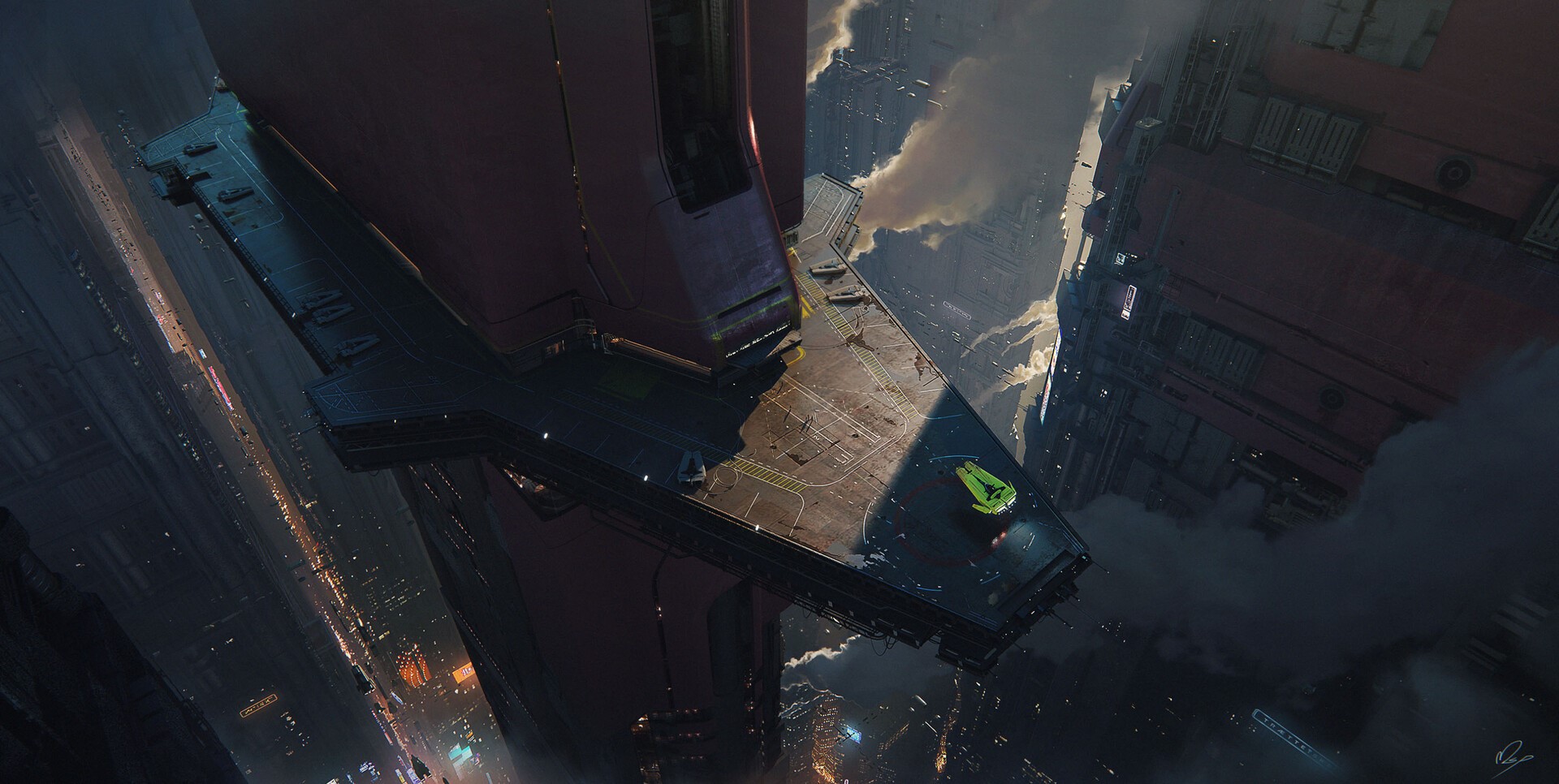 Morten Solgaard Pedersen, science fiction, landing pad, spaceship, space shuttle, skyscraper, building, futuristic, digital art, artwork, city, high angle, HD Wallpaper