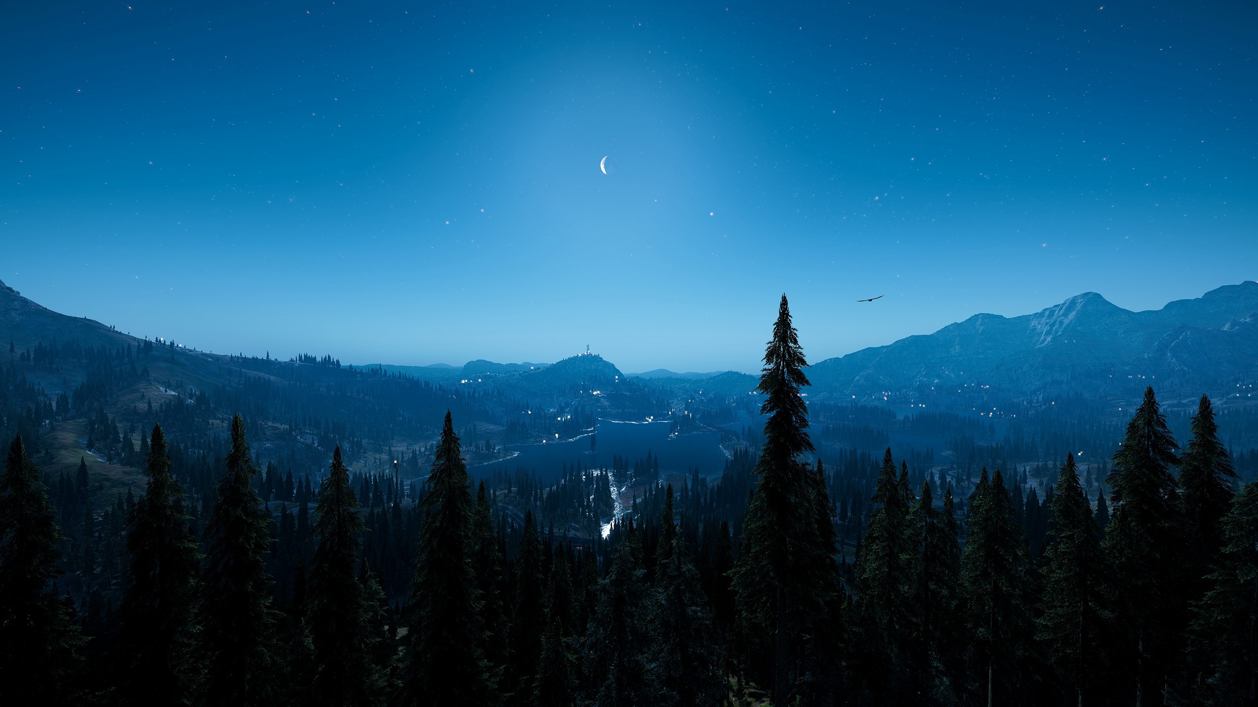 FarCry 5, landscape, sunset, wilderness, Moon, night, stars, game art, blue, HD Wallpaper