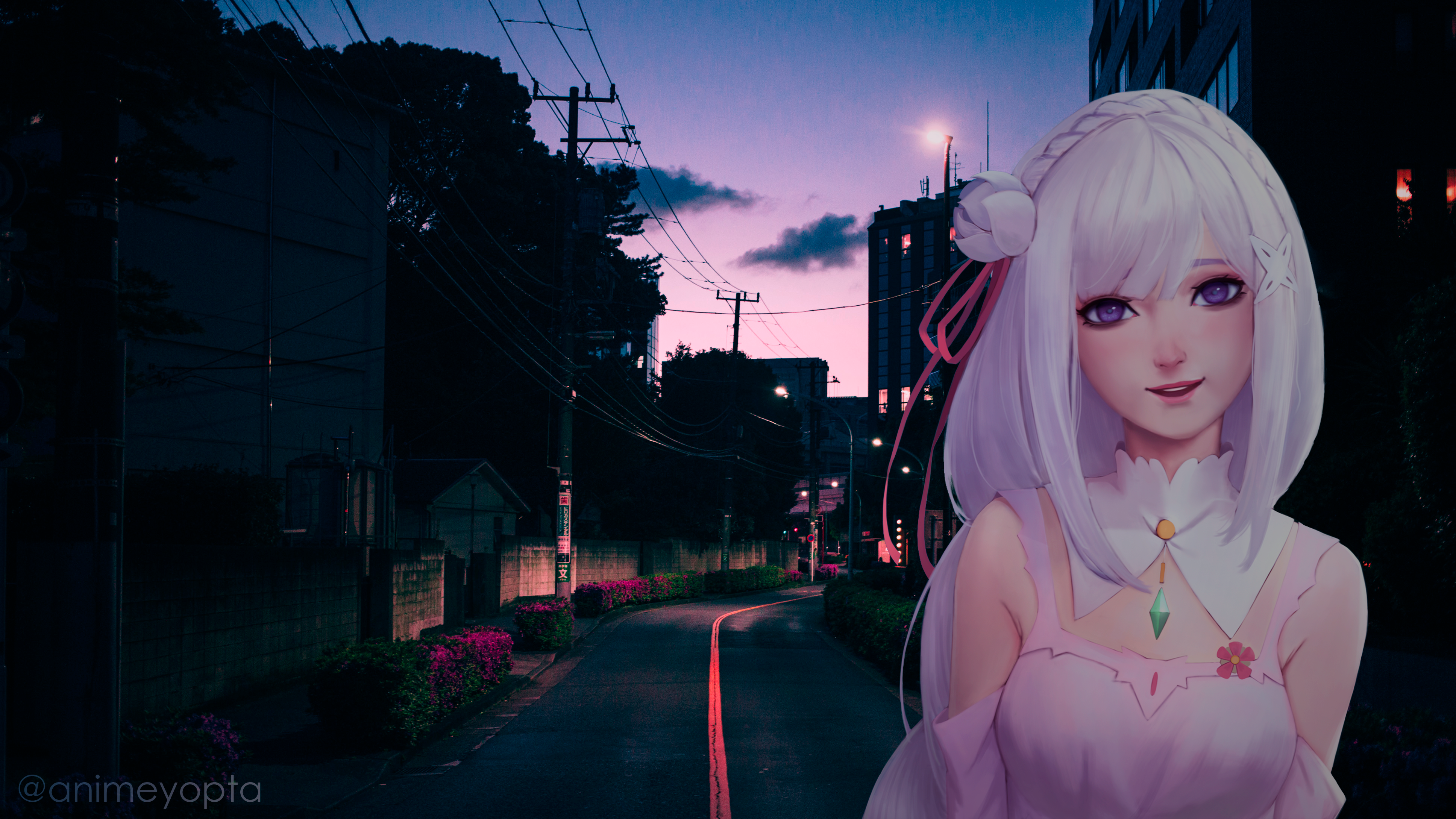 anime girls, city, sunset, purple background, Emilia (Re: Zero), HD Wallpaper