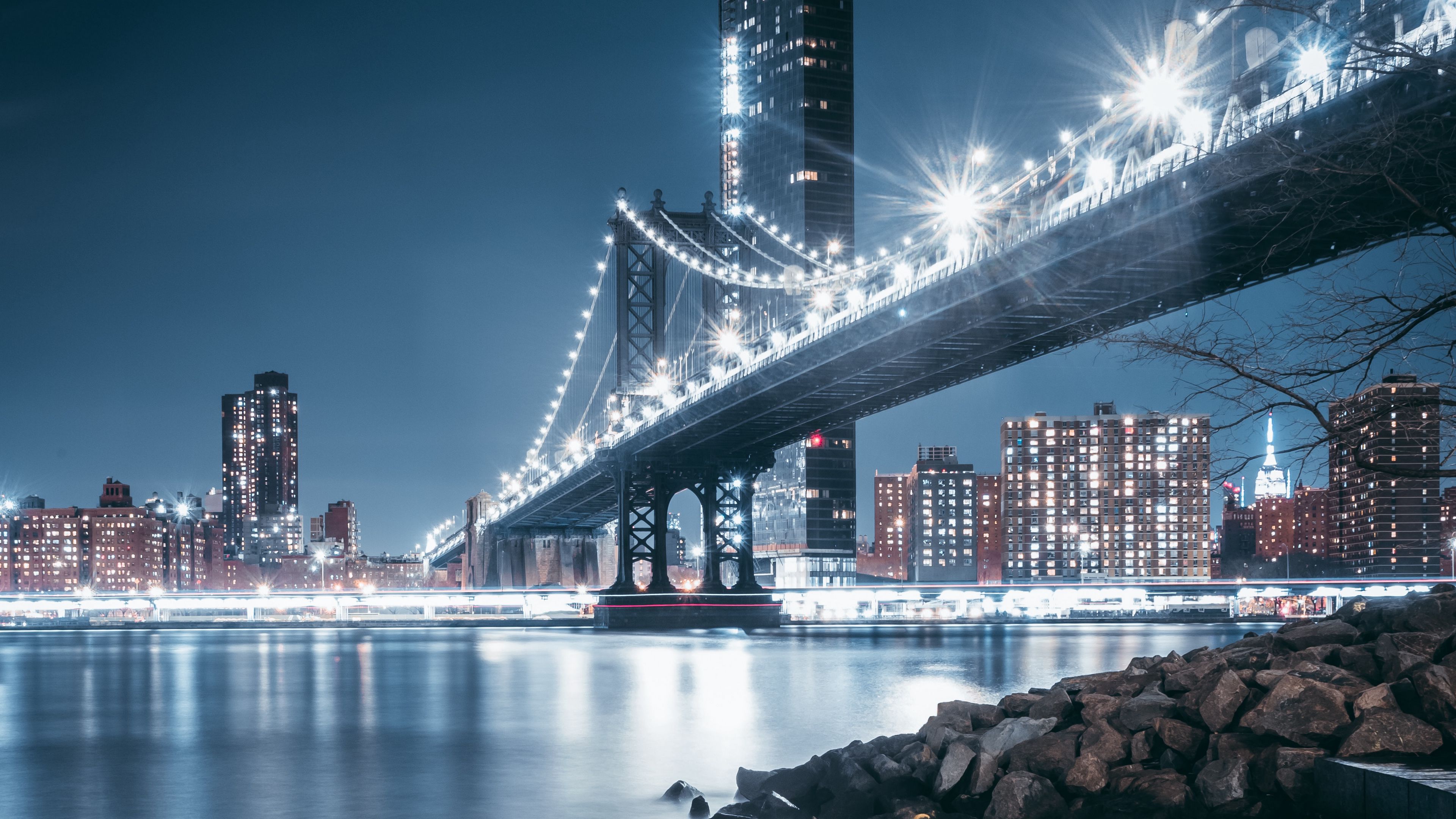bridge, night city, coast, city lights, stones, 4k, HD Wallpaper